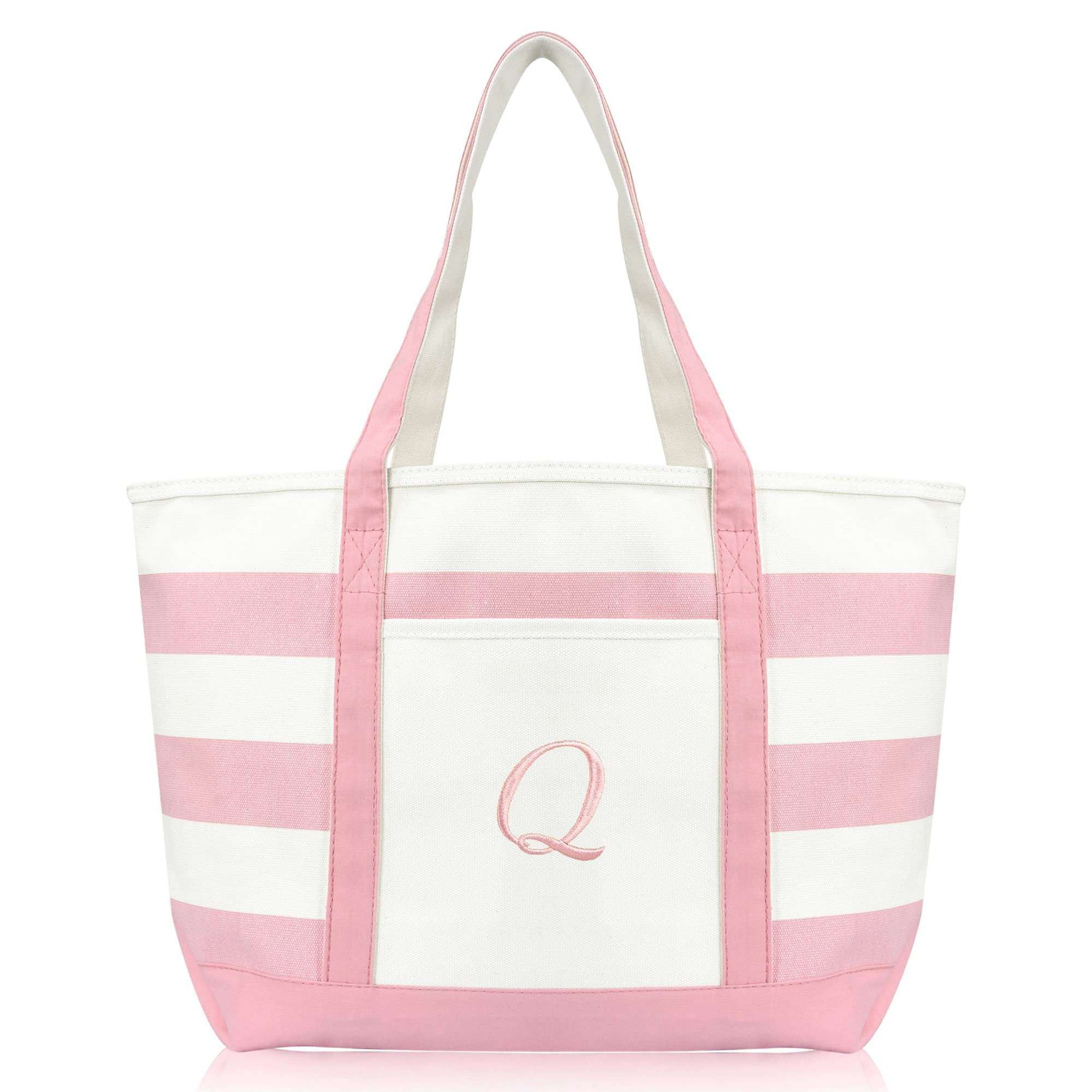 DALIX Personalized Striped Beach Tote Bag with Monogram Letter A-Z - Pink Satchel for Women, Summer Travel, Pool Party & Vacation Essentials