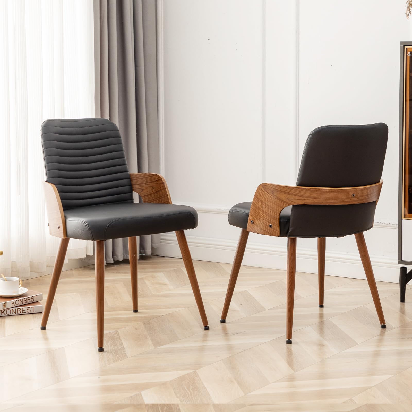 Mid Century Modern Dining Chairs Set of 2 - Upholstered Faux Leather Kitchen Chairs with Metal Legs - Armless Wooden Accent Chairs for Dining Room, Living Room & Office - Black | Perfect for Small Spaces & Contemporary Home Decor
