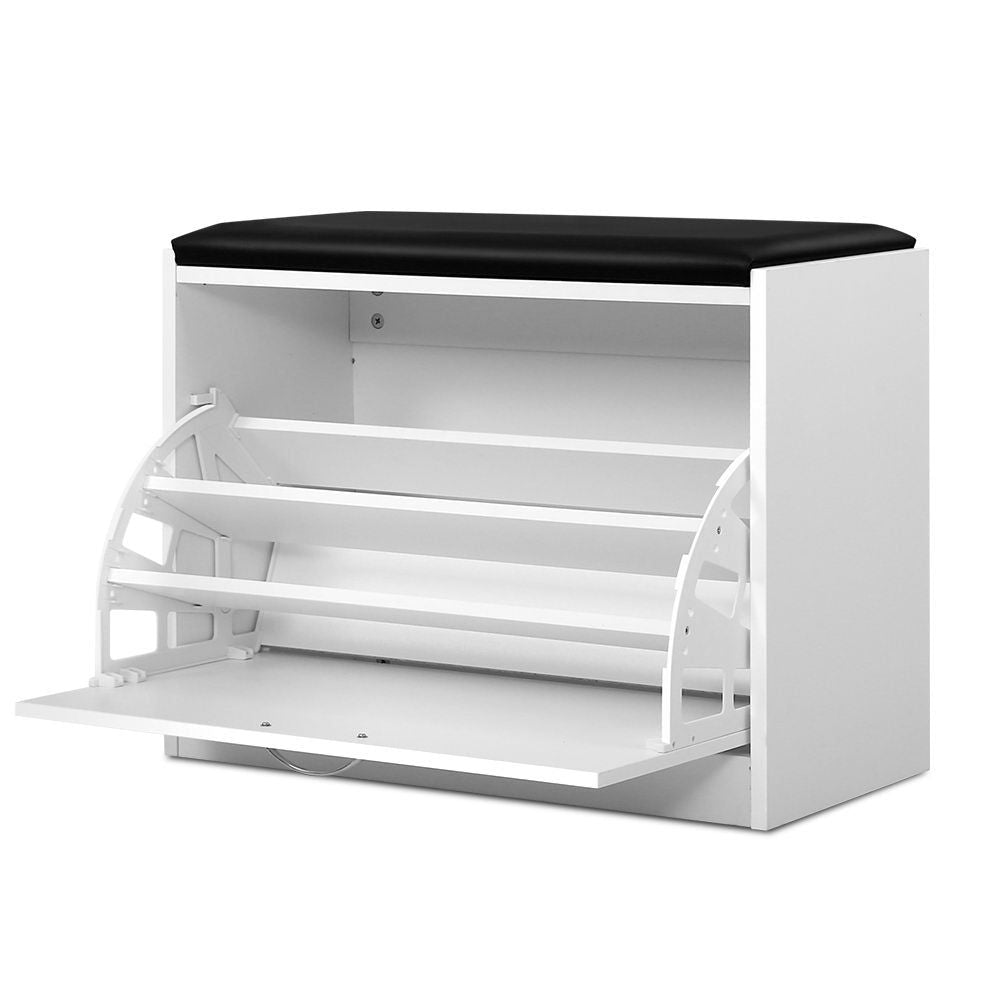 White Shoe Cabinet Bench with Drawers - 15 Pair Shoe Storage Organizer for Entryway, Bedroom, or Closet - Space Saving Shoe Rack with Seat