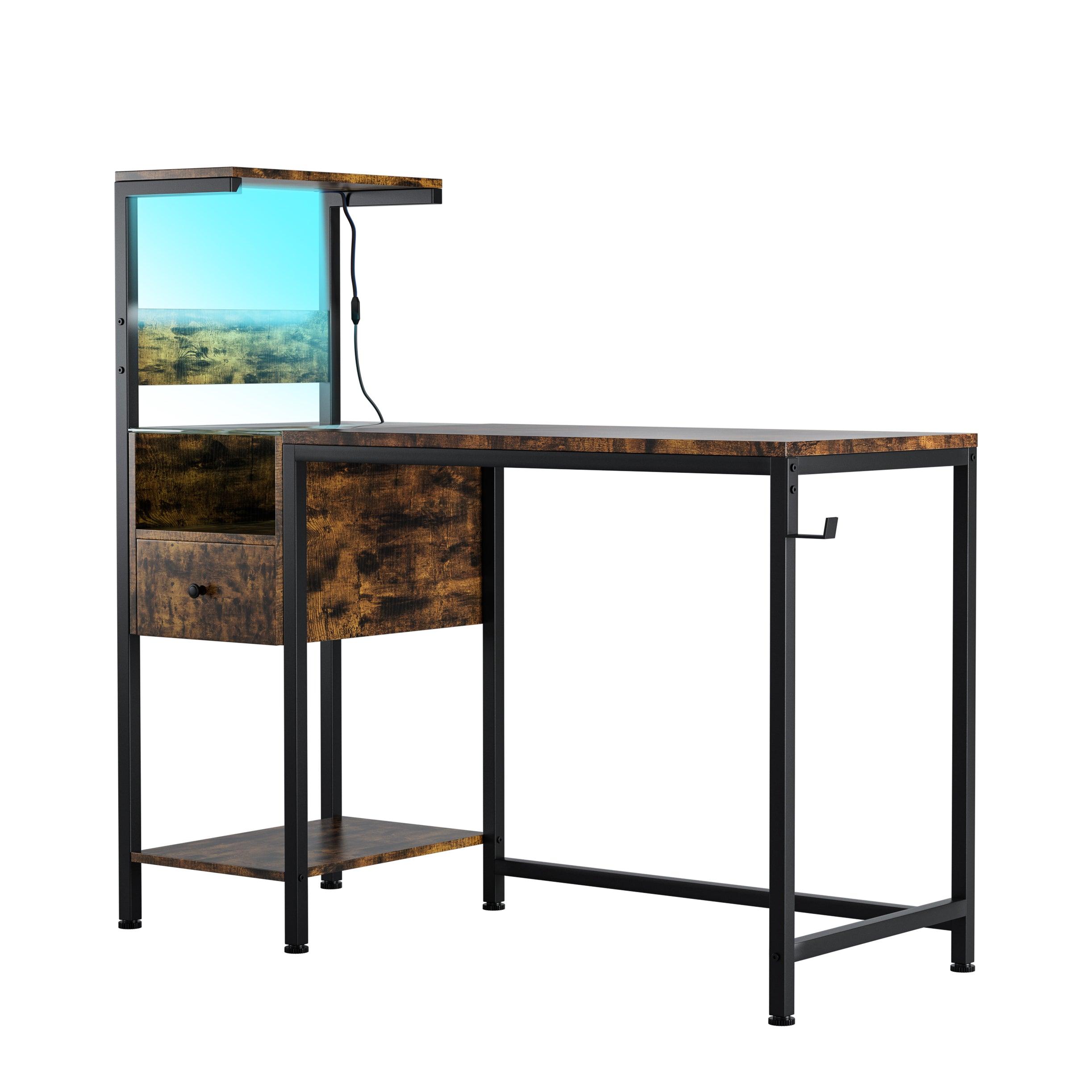 Ergonomic Computer Desk with Built-in Power Outlet & USB Charging Station | Home Office Desk with Storage Shelves | Study Writing Workstation for Small Spaces (Brown) - Perfect for Remote Work, Gaming Setup & Online Learning