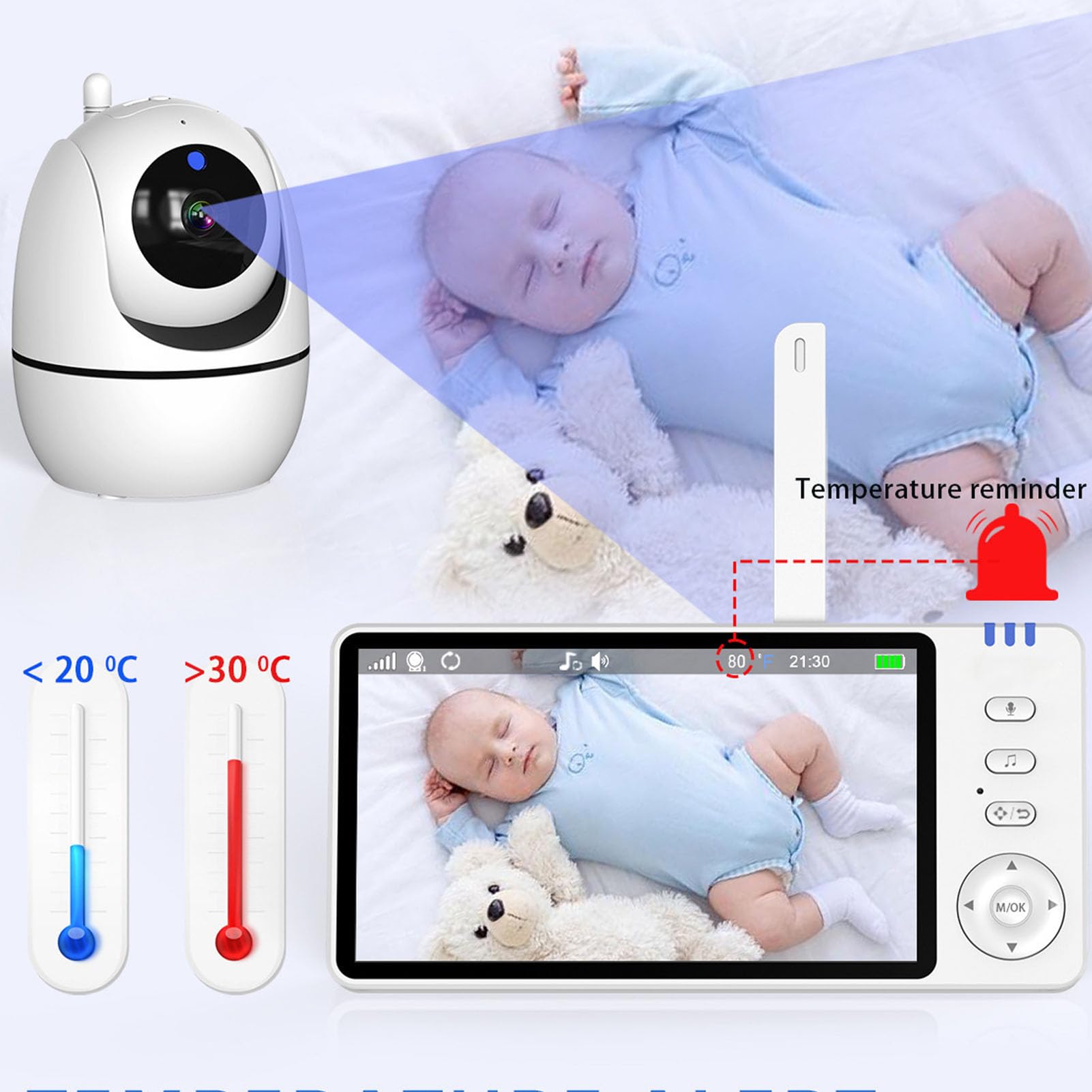 5 Inch Indoor Security Camera with Night Vision & Motion Sensor - Baby Monitor with Alarm, US Plug - Ideal for Home, Nursery & Pet Monitoring