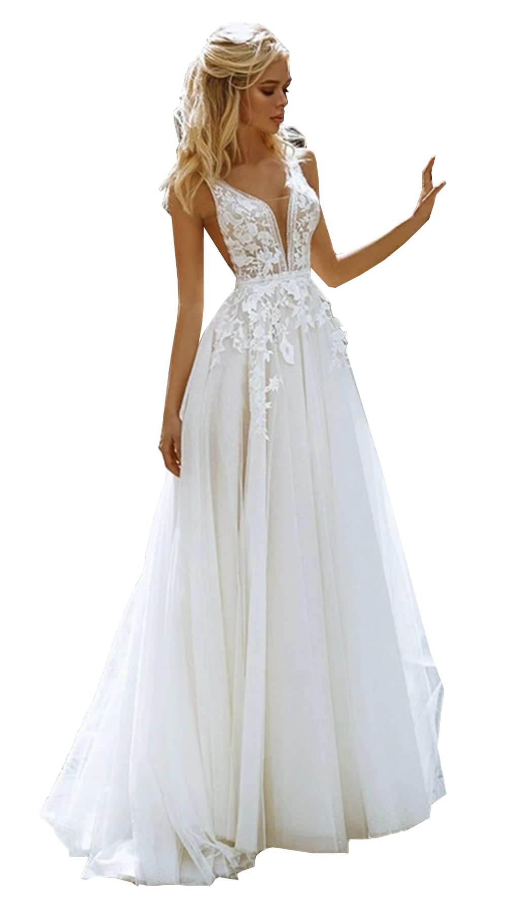 Elegant A-Line Backless Lace Beach Wedding Dress for Women - Perfect for Summer Bridal Gowns, Beach Weddings & Romantic Outdoor Ceremonies