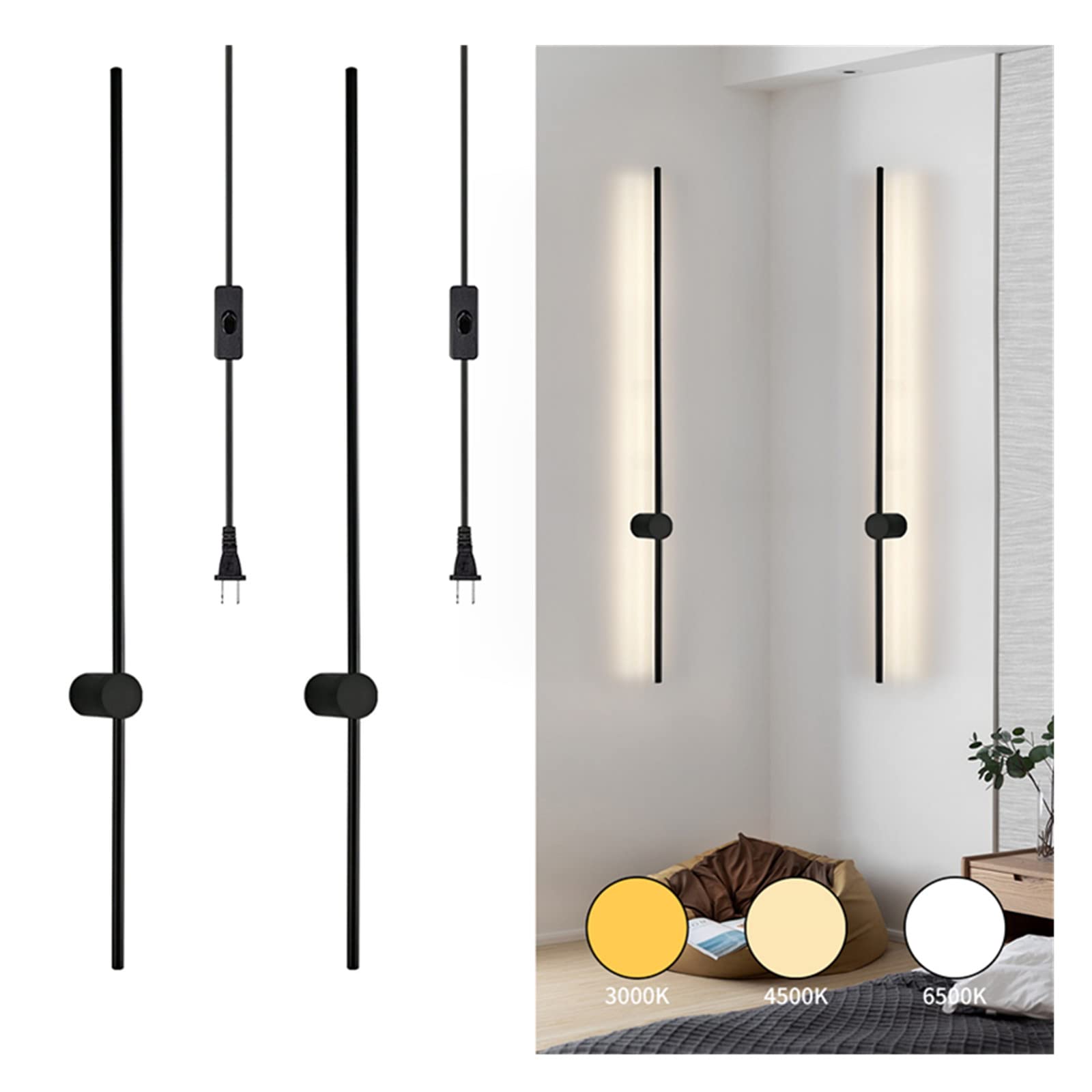 2 Pack Modern Long Strip LED Wall Sconce - 31.4 Inch Plug-in Wall Lamp with 3 Color Temperatures & Cord Switch - Minimalist Wall Light for Living Room, Bedroom, Hallway - Perfect for Ambient Lighting & Space-Saving Decor