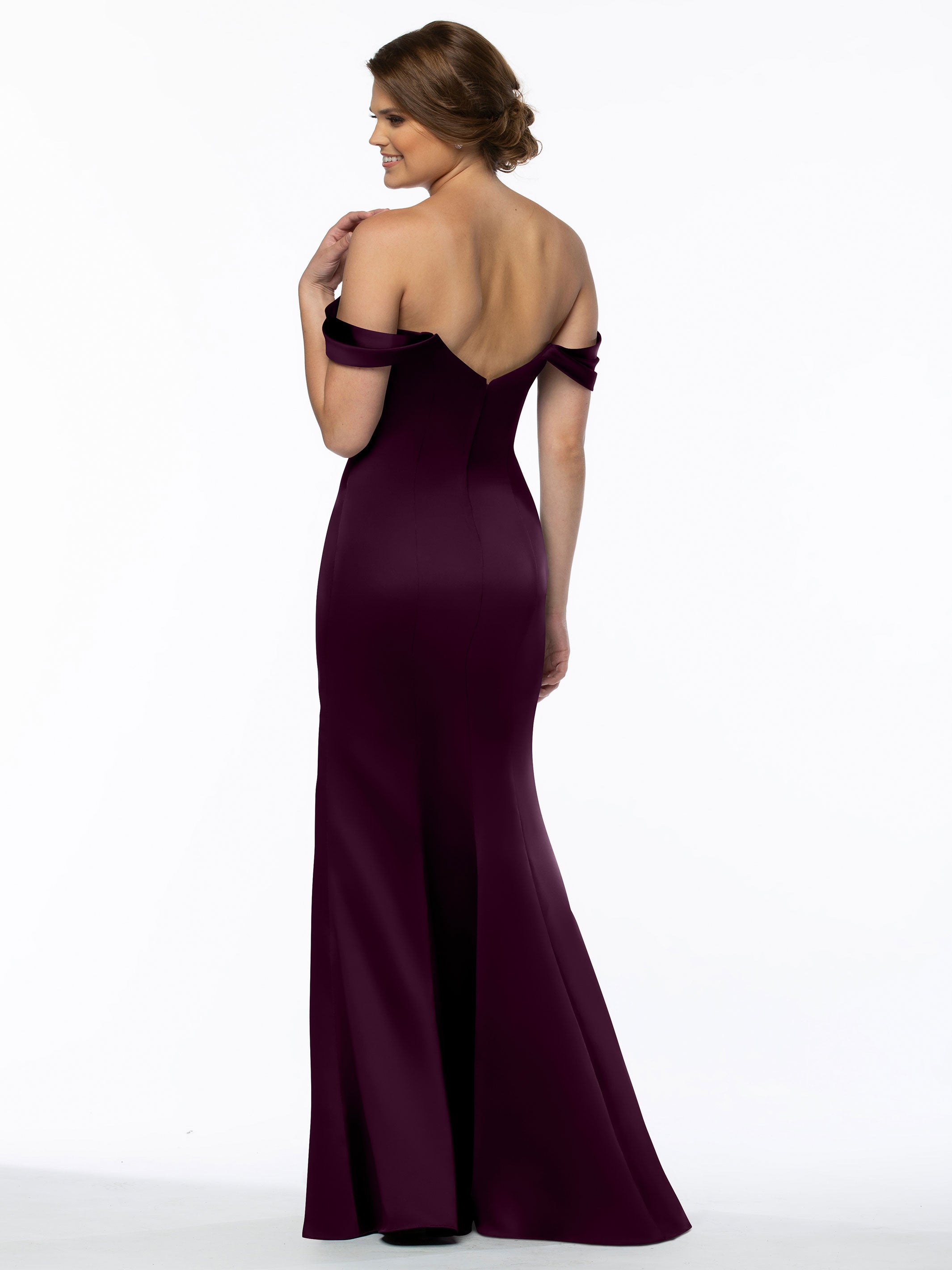 Elegant 80151 Fitted Satin Bridesmaid Dress with Off-The-Shoulder Sleeves - Perfect for Weddings, Formal Events & Special Occasions
