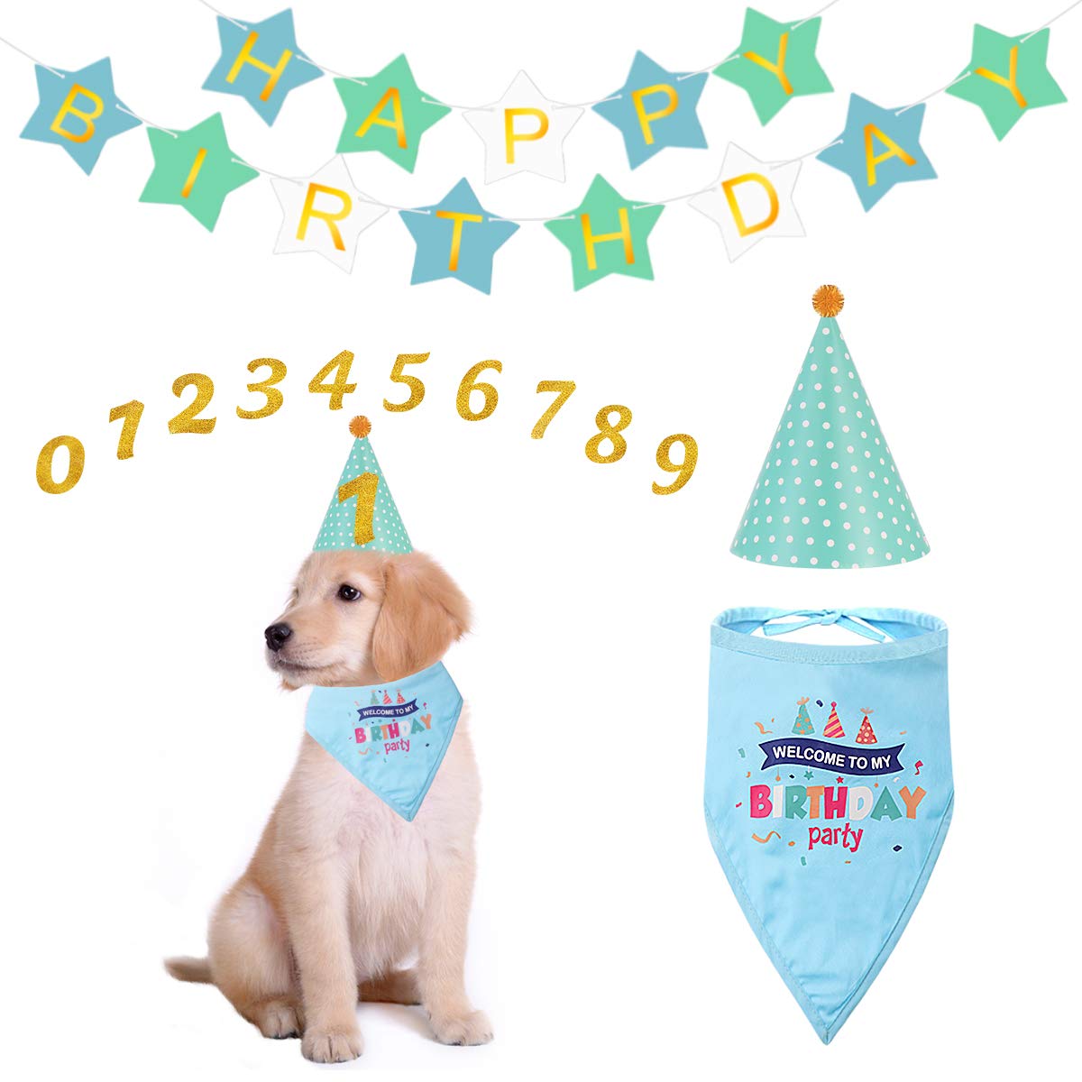 POPETPOP Dog Birthday Party Supplies Set - Cute Dog Bandana & Hat with Happy Birthday Banner for Dog & Cat Birthday Celebrations - Perfect for Pet Birthday Parties, Photo Shoots & Special Occasions