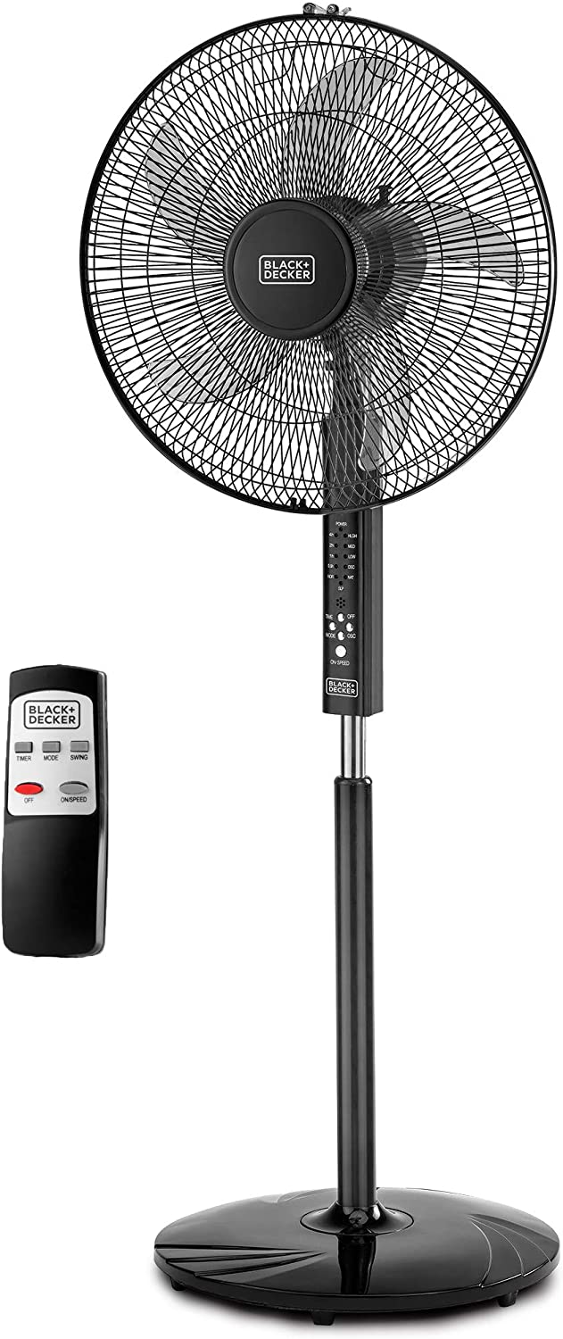 Black and Decker 16 Inch 3-Speed Pedestal Stand Fan with Remote Control - 220V FS1620R - Powerful Cooling for Home, Office & Bedroom - Quiet Oscillating Floor Fan with Adjustable Height