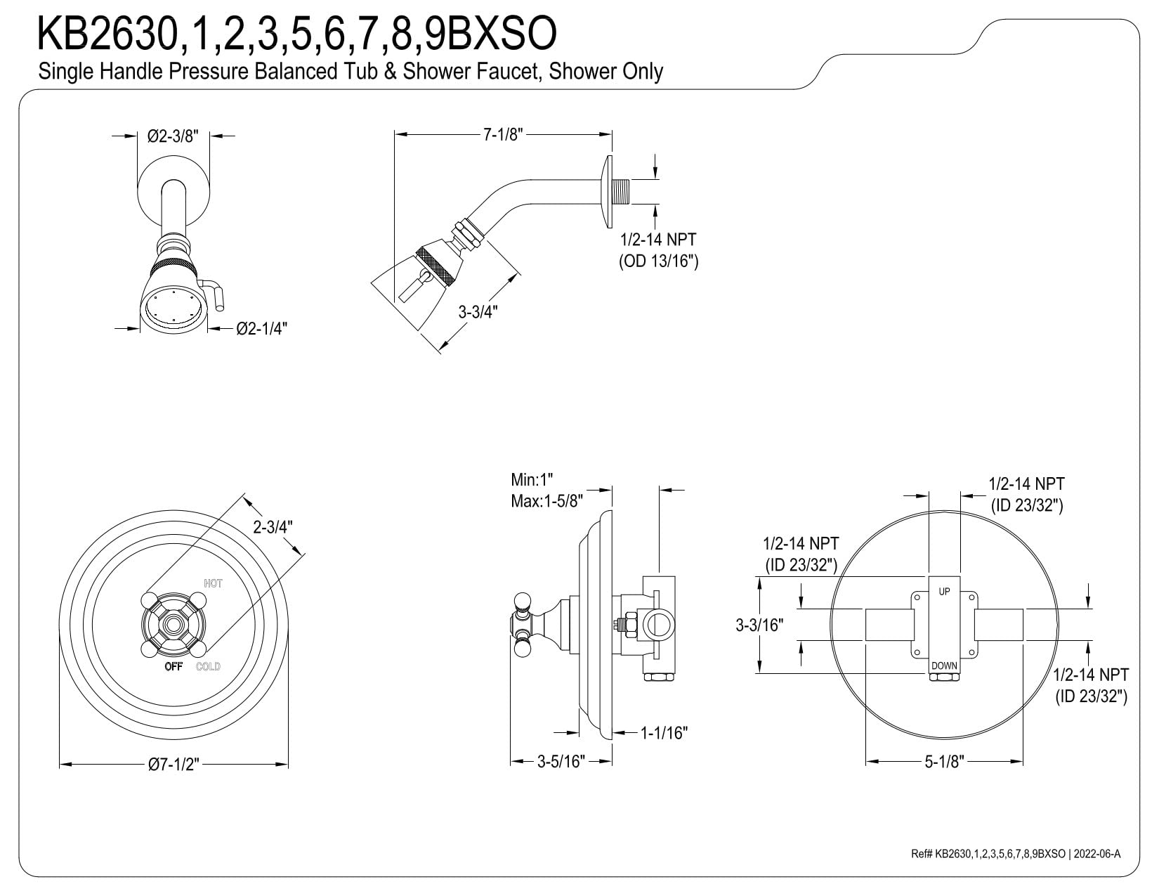 Kingston Brass KB2635BXSO Oil Rubbed Bronze Pressure Balanced Shower Faucet - 7.5 Inch Metropolitan Series for Bathroom & Shower Renovation | Perfect for Modern Homes & Spa-Like Experience