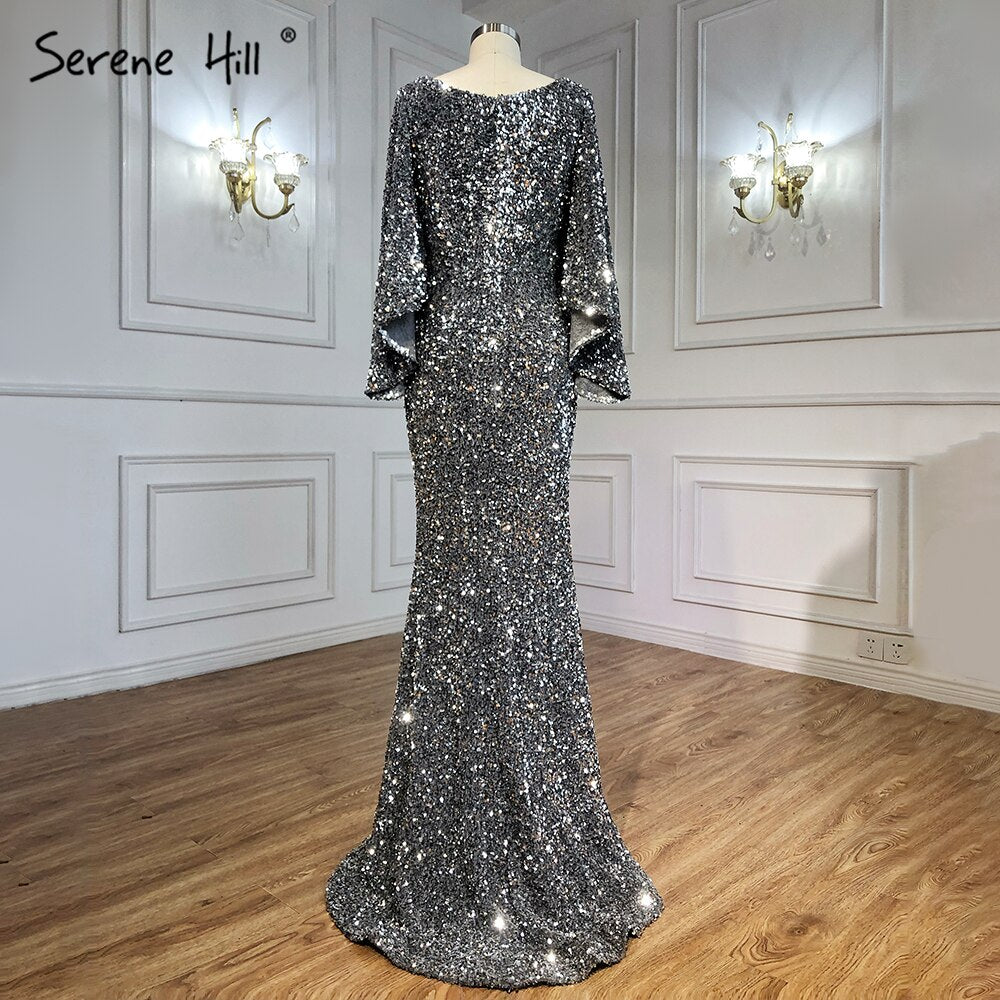 Elegant Grey Silver Luxury Evening Dresses for Women 2025 - Sexy Flared Sleeves Gowns for Parties, Prom, and Formal Events