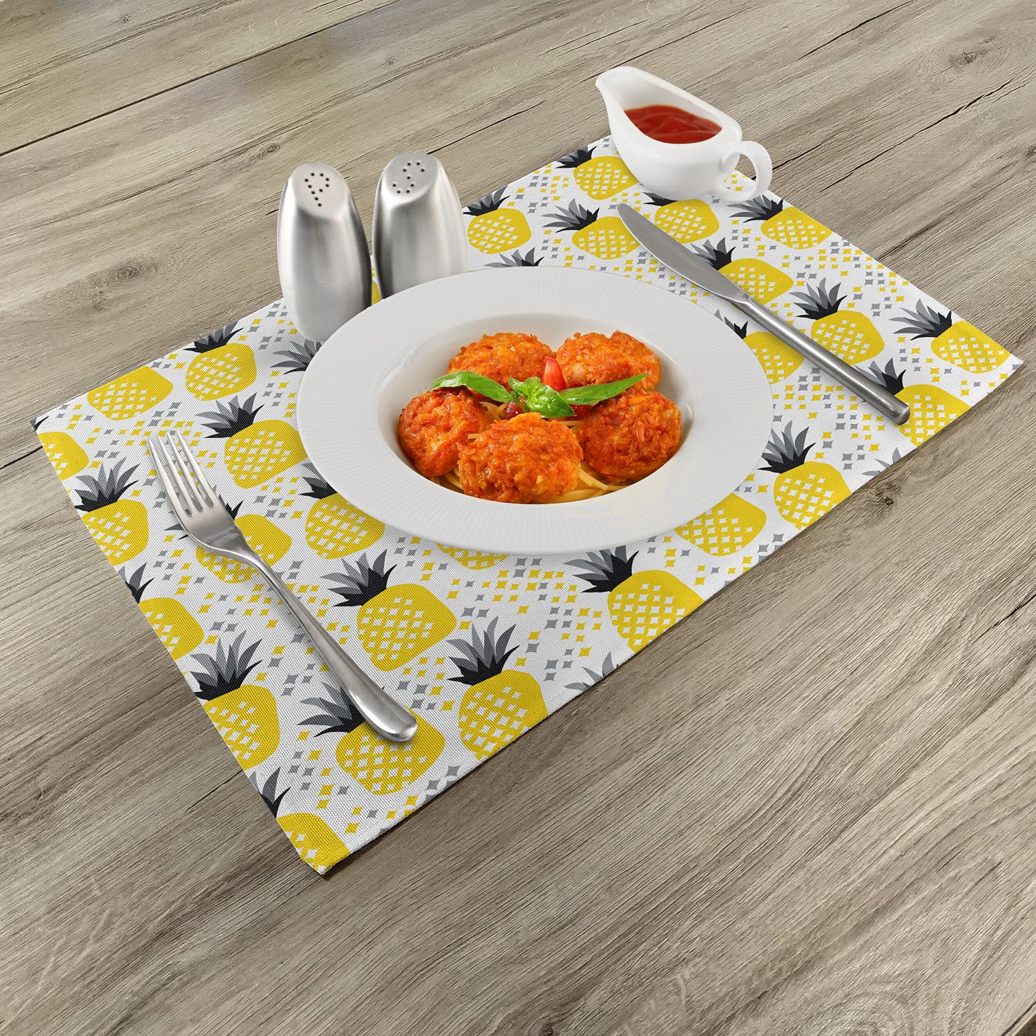 Ambesonne 4-Piece Exotic Pineapple Place Mats Set - Tropical Coastal Beach Theme Kitchen & Dining Table Decor - Washable Fabric Placemats in Yellow, Grey & Black - Perfect for Summer Parties, Beach House Decor & Tropical-Themed Gatherings