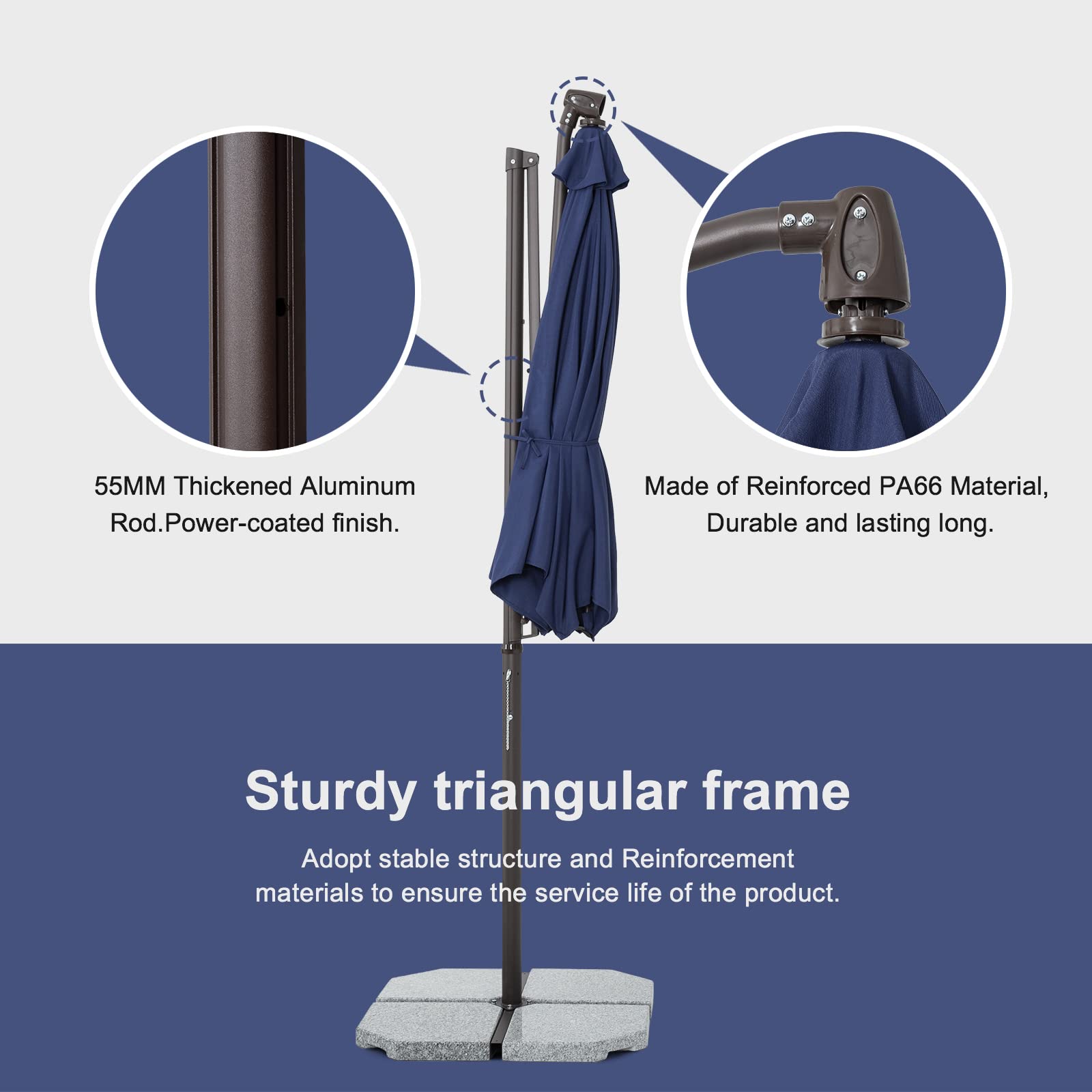 Premium Cantilever Patio Umbrella with Aluminum Stand - 3-Year Fade-Resistant Olefin Canopy, 360° Rotation & Adjustable Tilt - Perfect for Poolside, Deck, Garden, and Outdoor Dining Areas