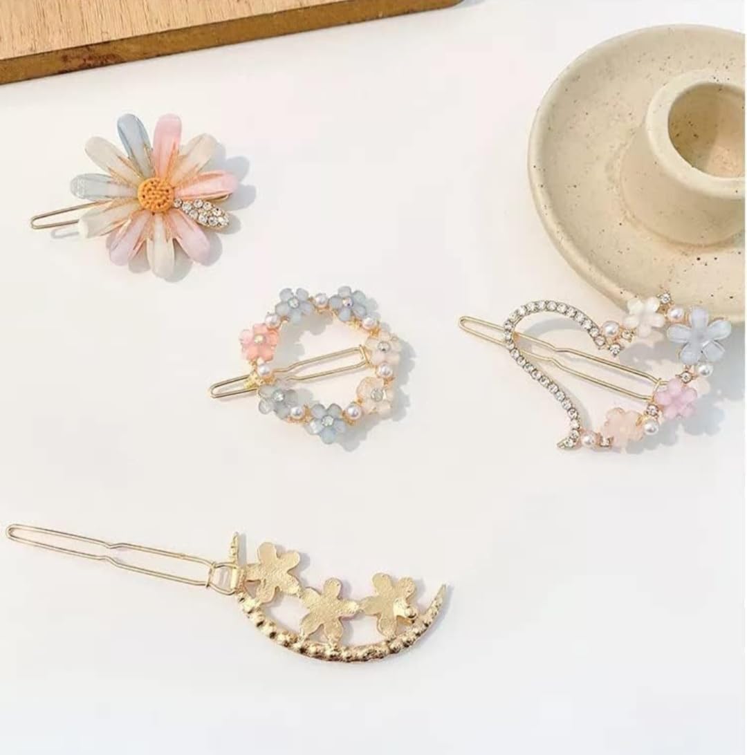 Stylish Geometric Hollow Metal Hair Clips for Women & Girls - 4-Pack Korean Hair Barrettes with Pearl Accents (Multicolor) | Perfect for School, Work, Parties & Everyday Hairstyling