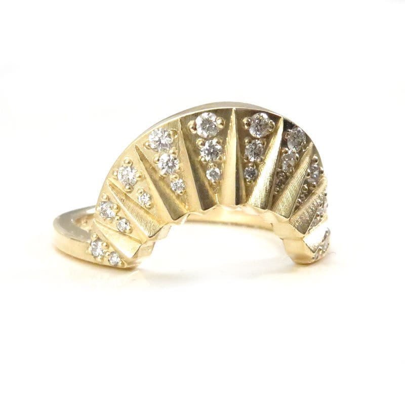 Tall Sunrise Ring Wedding Band with Sun Rays & Diamonds | Modern Fine Jewelry in Black/White Diamonds | Stackable Celestial Sun Ring for Bridal, Anniversary & Everyday Wear
