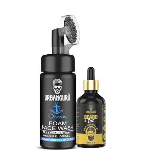 Urbanguru Men's Herbal Beard Growth Oil (30ml) & Refreshing Ocean Foam Face Wash (100ml) - Acne Treatment, Skin Brightening, Sulphate & Paraben Free - Daily Grooming Kit for Healthy Beard & Clear Skin