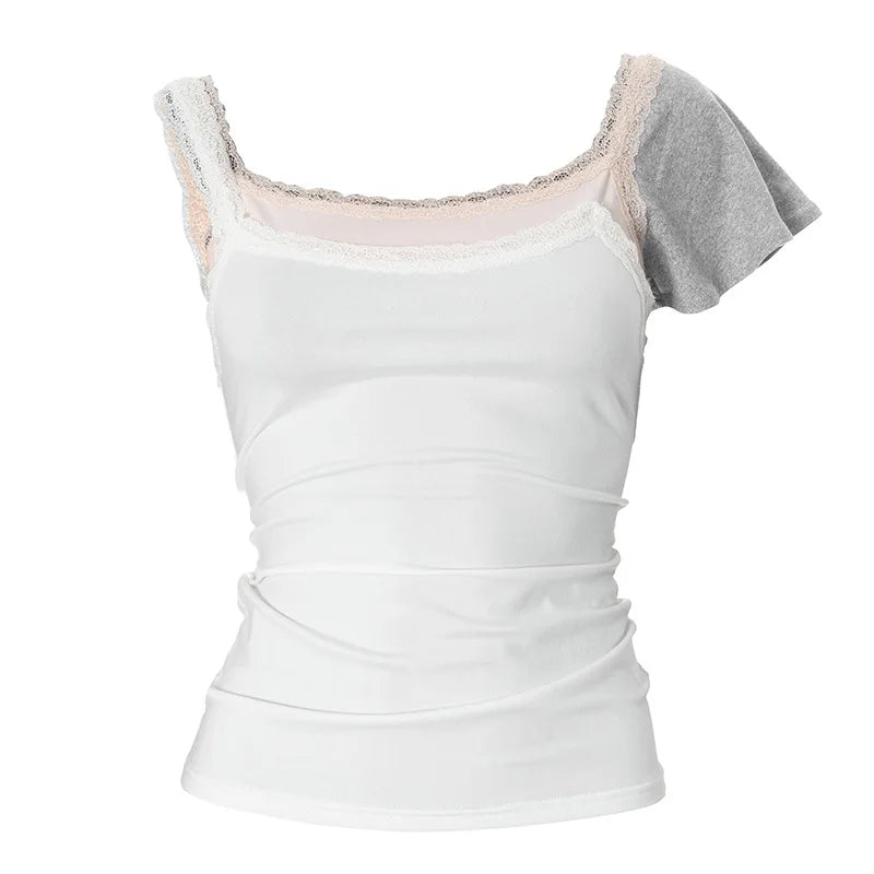Trendy 2024 Women's Asymmetrical Lace Trim Patchwork T-Shirt in White & Black - 2000s Aesthetic Vintage Style - Perfect for Casual Outfits, Streetwear & Retro Fashion Looks