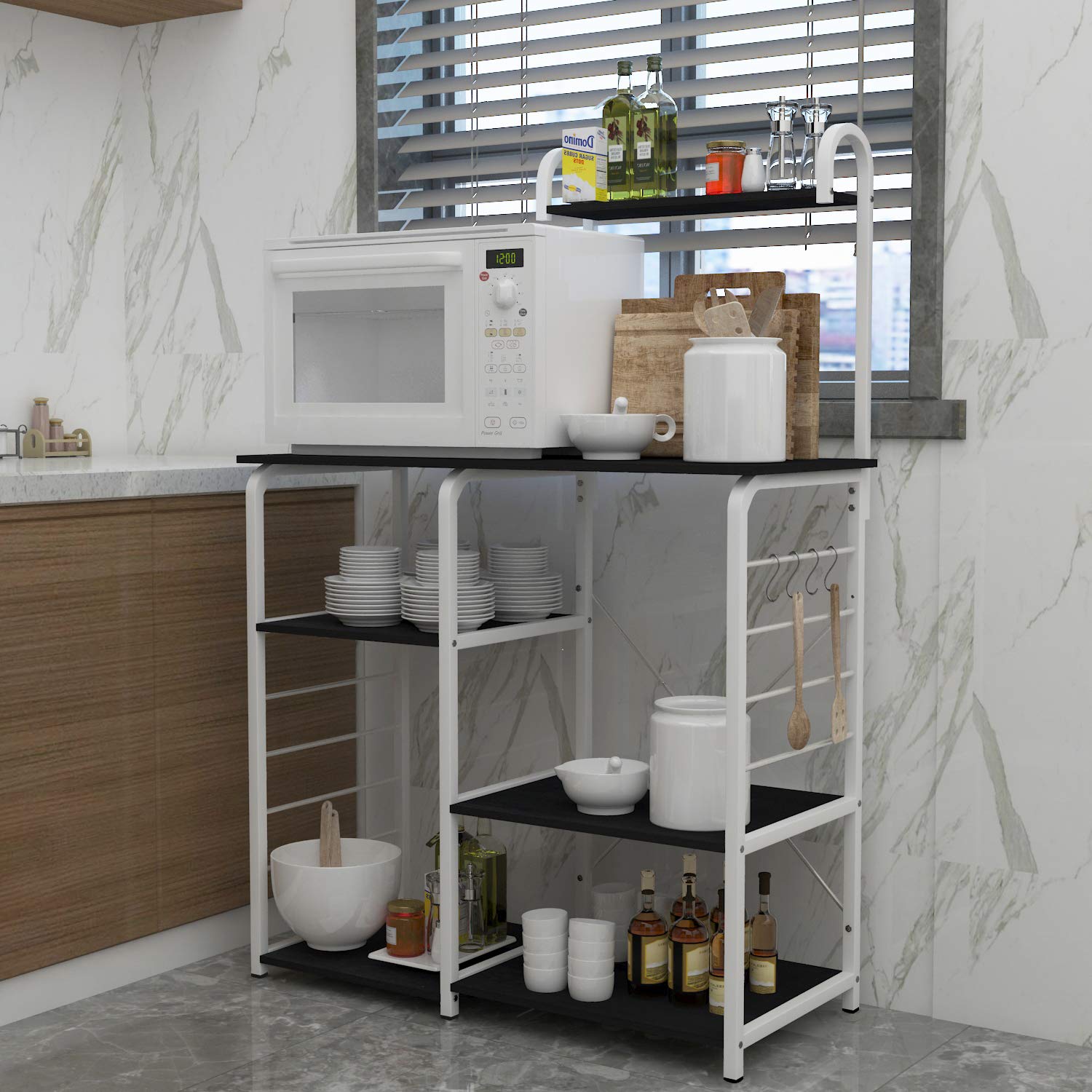 Soges Multi-Functional Kitchen Baker's Rack with Microwave Stand - Heavy Duty Storage Cart Workstation Shelf for Small Spaces - Black Brown 172-BK - Perfect for Kitchen Organization & Microwave Storage