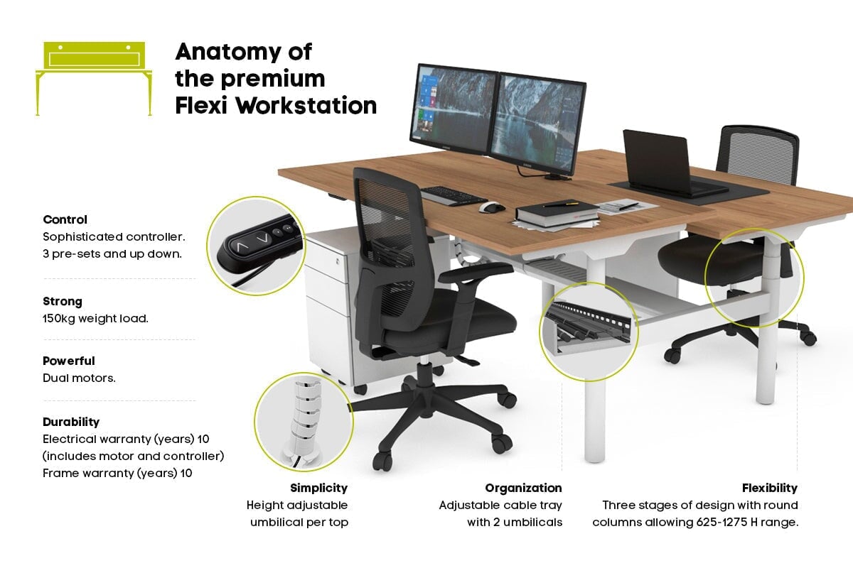 Flexi Premium Height Adjustable 2-Person H Bench Workstation - White Frame [1400L x 700W] for Office & Home Workspace | Ergonomic Standing Desk Solution
