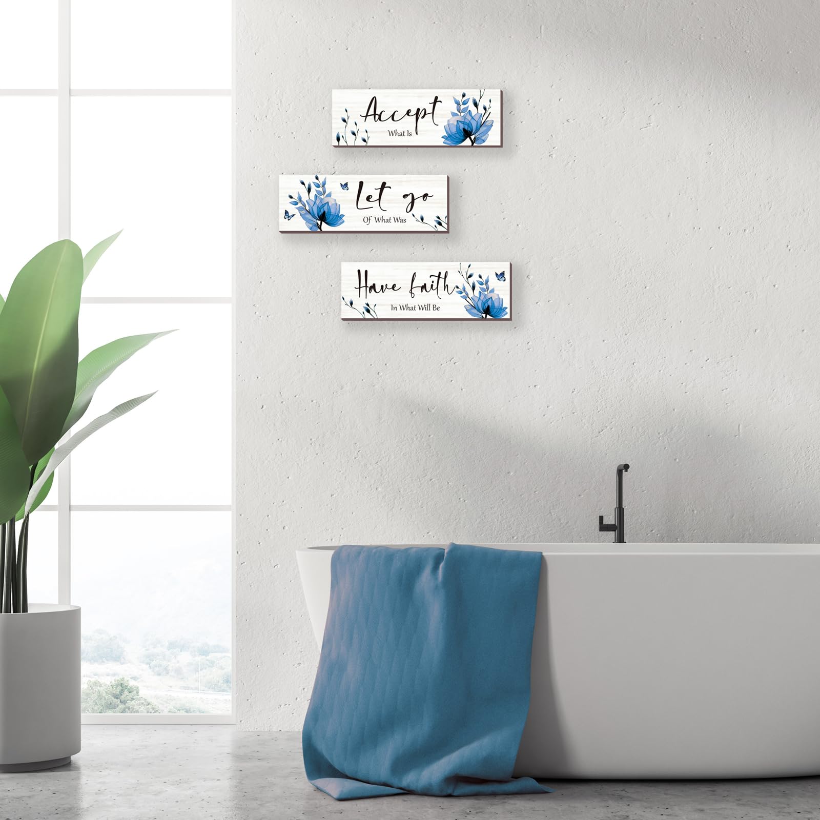 3-Piece Blue Bathroom Decor Set - Rustic Flower Wall Art with Inspirational Quote 