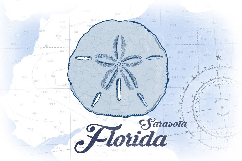 Florida Sarasota Sand Dollar Blue Coastal Icon Art Print - 36x54 Giclee Gallery Quality Travel Poster, Beach House Wall Decor for Coastal Living Room & Vacation Home