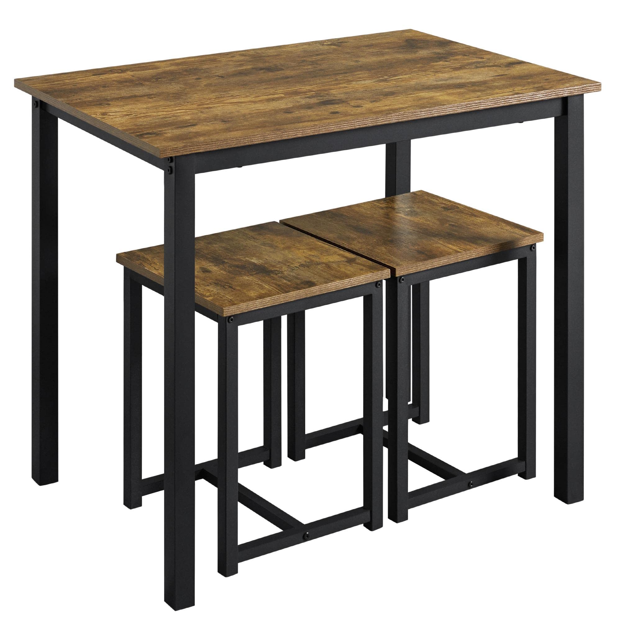 Topeakmart 3-Piece Industrial Dining Table Set - Space Saving Kitchen Table with Powder Coated Metal Frame & Wooden Top - Rustic Brown Finish for Small Spaces, Apartments, Restaurants & Cafes