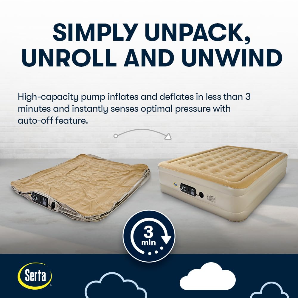 Serta Raised Air Mattress with Never Flat Pump - Luxury Inflatable Bed with Built-in Air Pump for Comfortable Sleep | Heavy Duty Blow Up Mattress with Self-Inflating Technology | Perfect for Camping, Guest Beds & Home Use