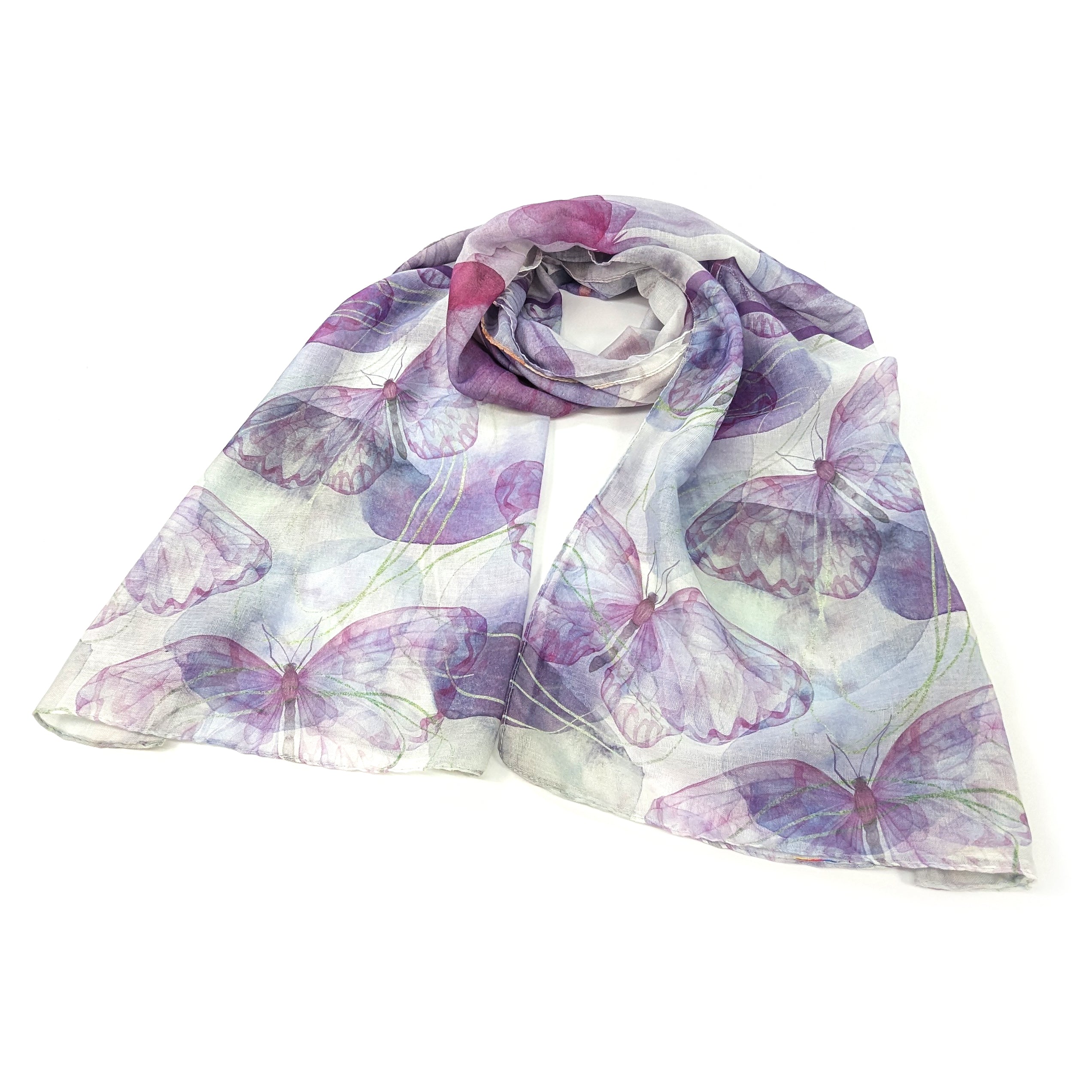 Watercolor Butterfly Scarf - Iris Purple Silk Fashion Accessory (50x180cm) for Women's Spring Outfits, Bridal Shawl & Boho Style