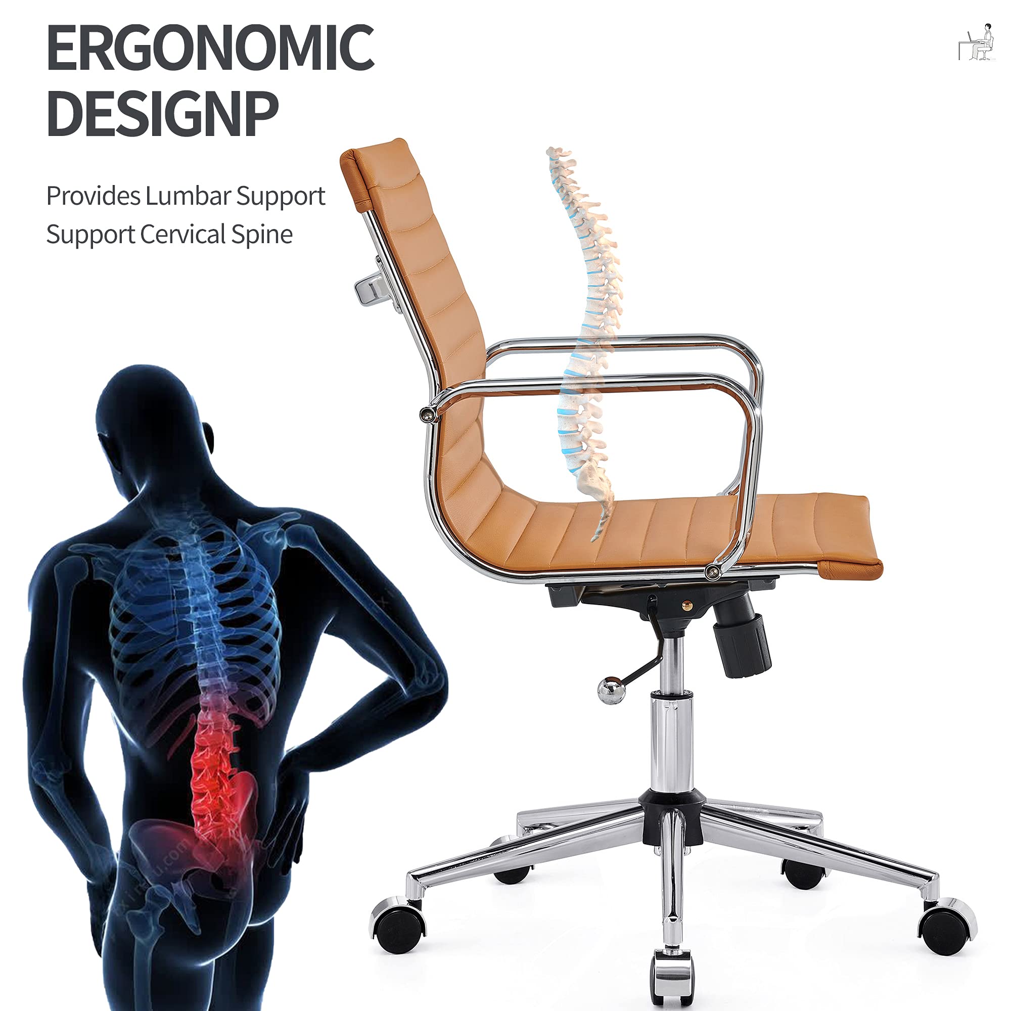 Ergonomic Leather Office Chair - Modern Swivel Executive Desk Chair with Ribbed Design for Home Office & Conference Room | Comfortable Rolling Task Chair for Computer Work & Long Hours Sitting