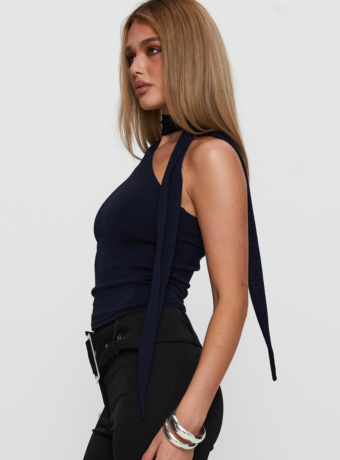 Anderstone Navy Blue Neck Tie Top for Women - Stylish Office Wear & Casual Outfits