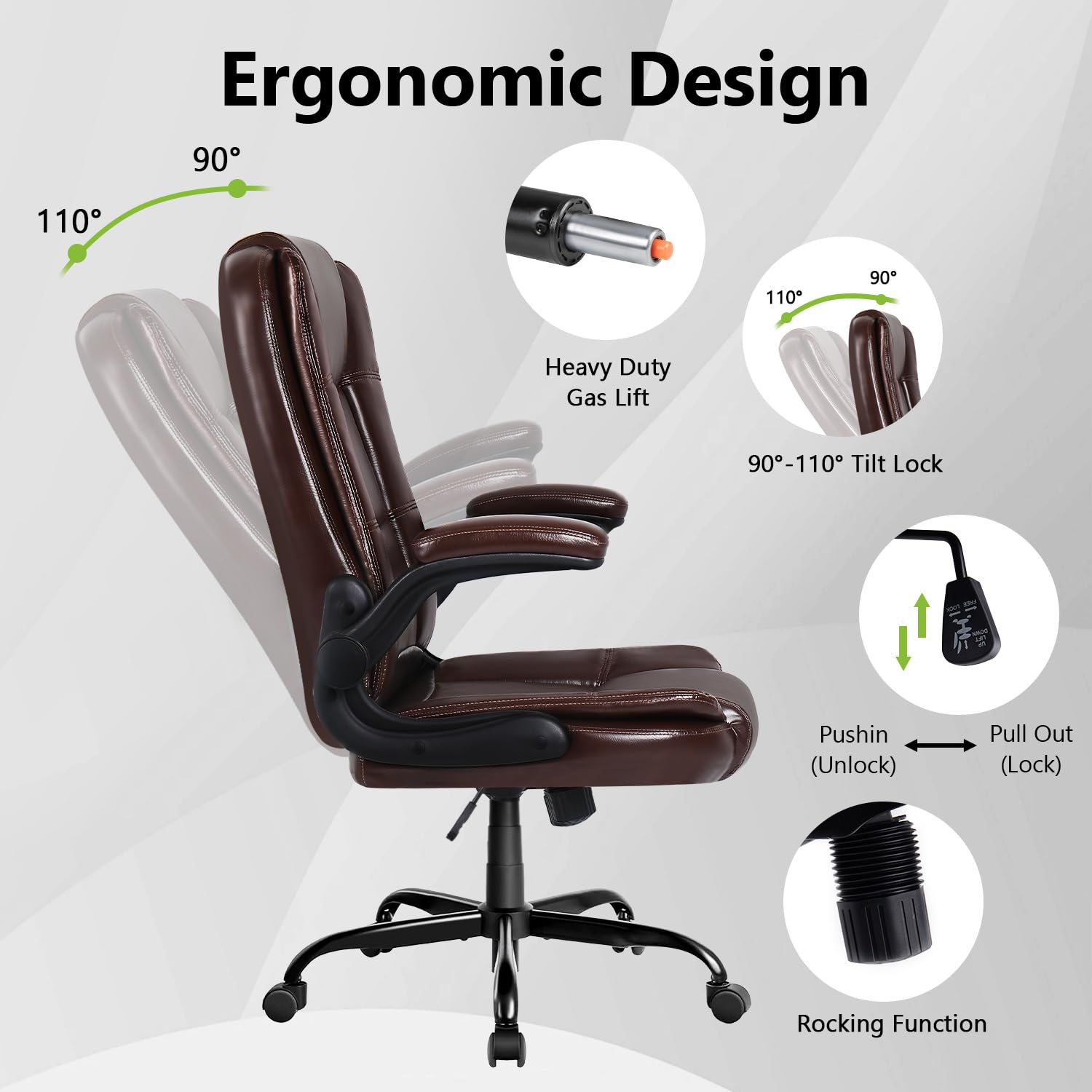 Premium Brown Leather Office Chair - Adjustable Ergonomic High Back Desk Chair with Flip-Up Armrests & Lumbar Support for Home Office, Gaming & Executive Workspaces