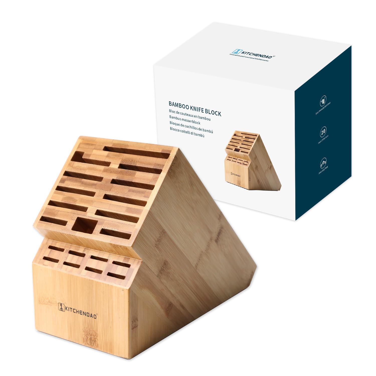 KITCHENDAO 20-Slot Bamboo Knife Block Holder - Premium Countertop Knife Organizer for Chef & Butcher Knives - Extra Wide Slots for Easy Storage - Perfect for Kitchen Counter, Restaurant & Home Use
