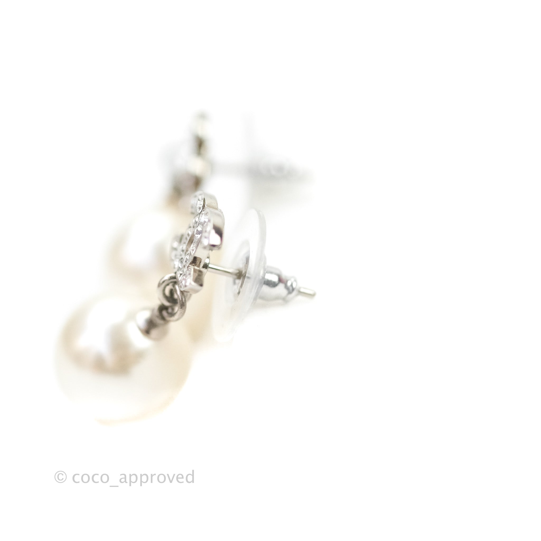 Chanel CC Rhinestone Pearl Drop Earrings for Women - Silver Tone Fashion Jewelry for Party, Wedding & Evening Wear