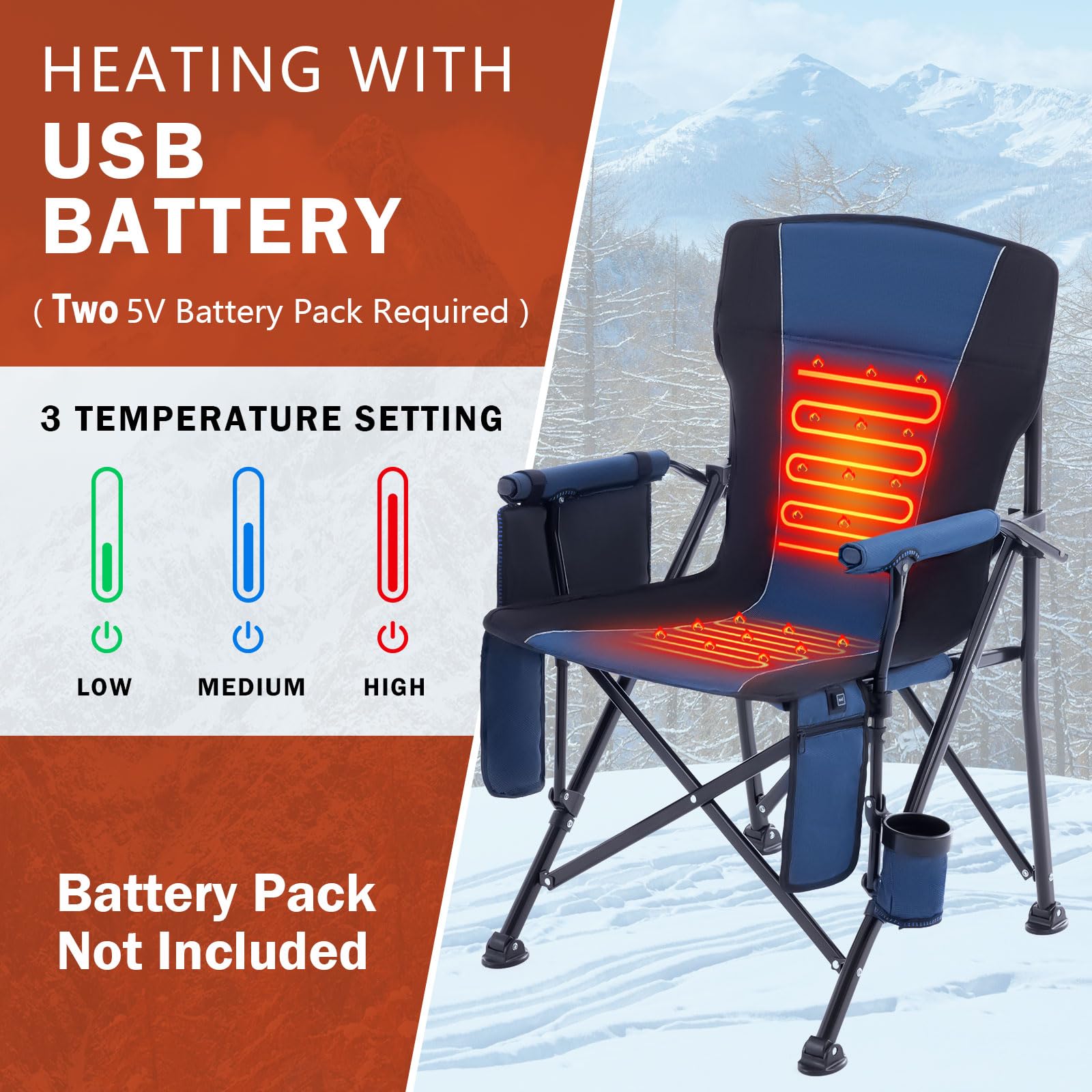 **Portable Heated Camping Chair - 400lb Heavy Duty Folding Outdoor Seat with Cup Holder & Carry Bag - Perfect for Winter Camping, Hunting, Fishing & Backyard Relaxation (Navy, Battery Pack Required)**