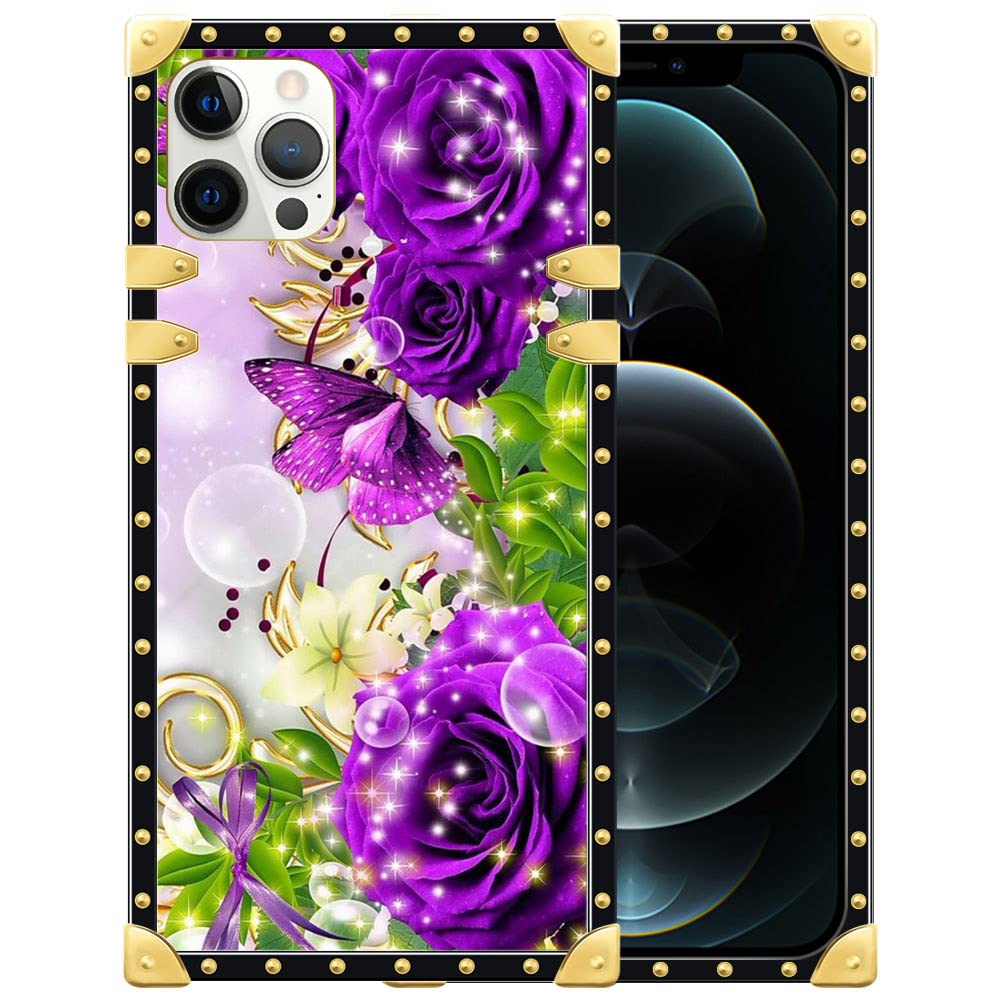 Butterfly Purple Roses iPhone 12 Mini Case - Soft TPU Edges with Metal Decoration Corner, Protective Cover for Apple iPhone 12 Mini 5.4 Inch | Perfect for Everyday Use, Travel & Gift Giving