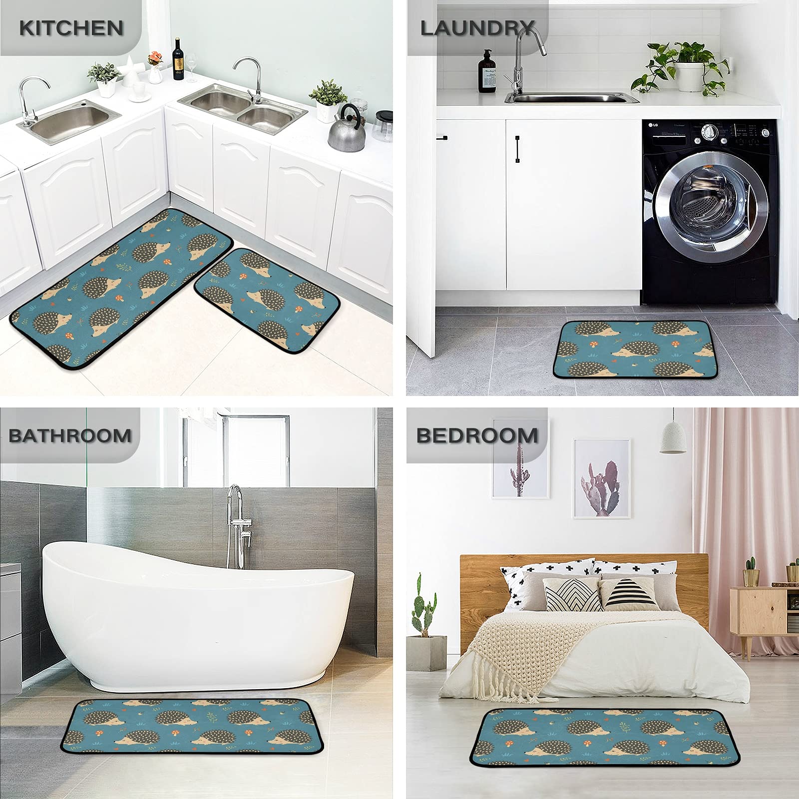 Non-Slip Washable Hedgehog Kitchen Mat Set of 2 - Cushioned Memory Foam Rugs for Standing Comfort at Sink, Office Desk - Anti-Fatigue Floor Mats for Kitchen, Laundry Room & Home Decor