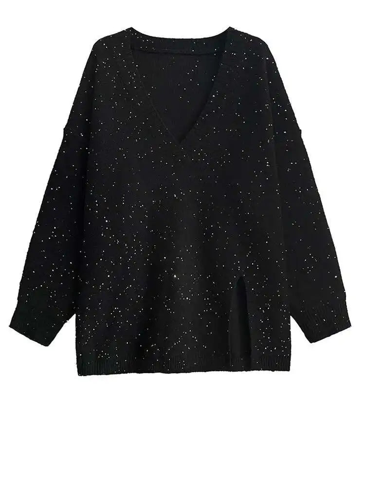Black Sequin Slit Knit Sweater for Women - V Neck Long Sleeve Pullover Plus Size Fashion Top for Spring & Fall 2025 | Perfect for Parties, Date Nights & Holiday Outfits (Style 1DH9222)