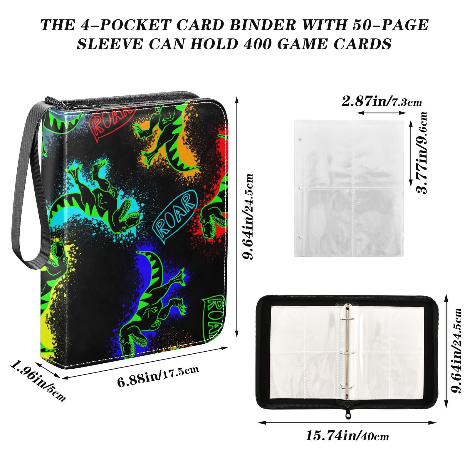 RunningBear 4-Pocket Dinosaur Trading Card Binder with 50 Sleeves - Holds 400 Cards, 3-Ring Display Case for Pokemon, MTG & Sports Cards | Perfect for Collectors & Card Game Tournaments