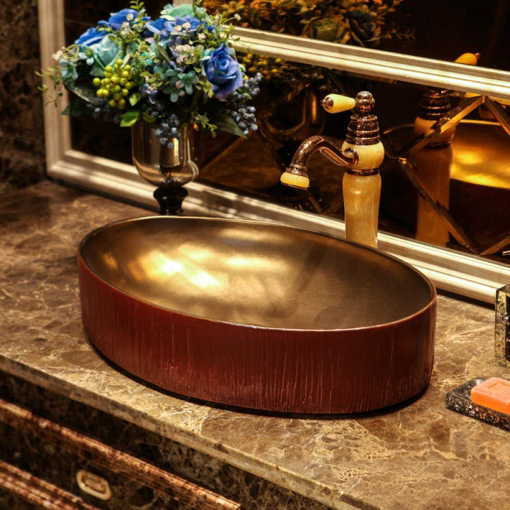 Premium SHAWLA Oval Ceramic Vessel Sink - Handcrafted Jingdezhen Porcelain Bathroom Art Basin in Red & Gold (Sink Only) - Perfect for Modern Vanities, Powder Rooms & Luxury Bathroom Renovations