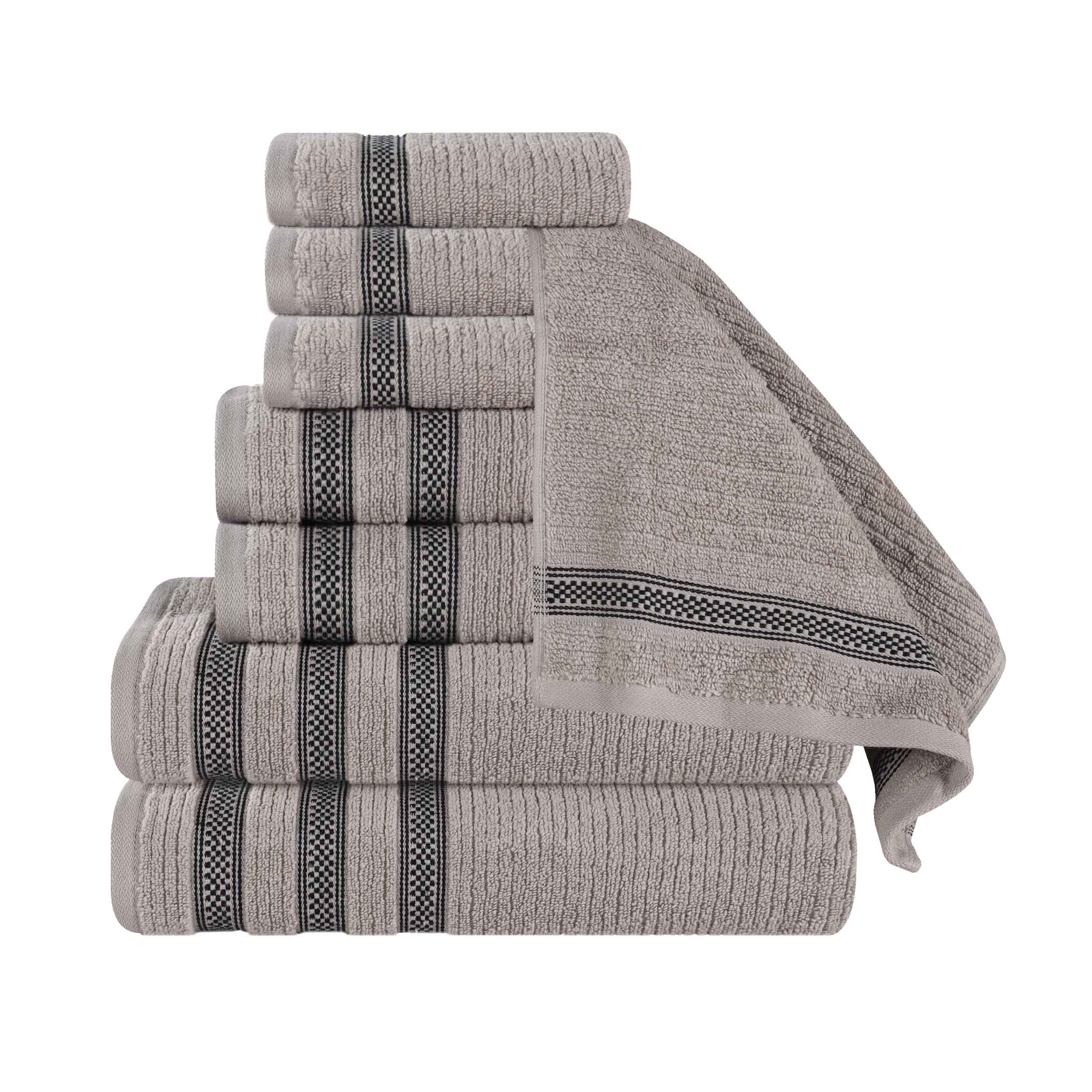 Premium Zero Twist Cotton Ribbed Geometric Border 8-Piece Towel Set | Ultra Soft Bath & Beach Towels for Spa, Pool & Home Decor