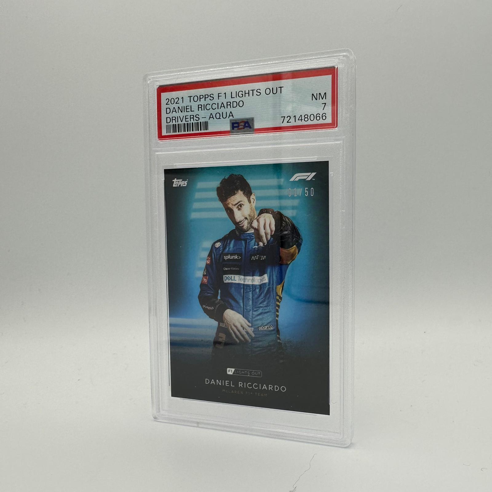 PSA 7 Graded 01/50 Daniel Ricciardo 2021 Topps Chrome F1 Drivers Aqua Parallel - Perfect for F1 Collectors, Racing Fans & Sports Memorabilia Displays