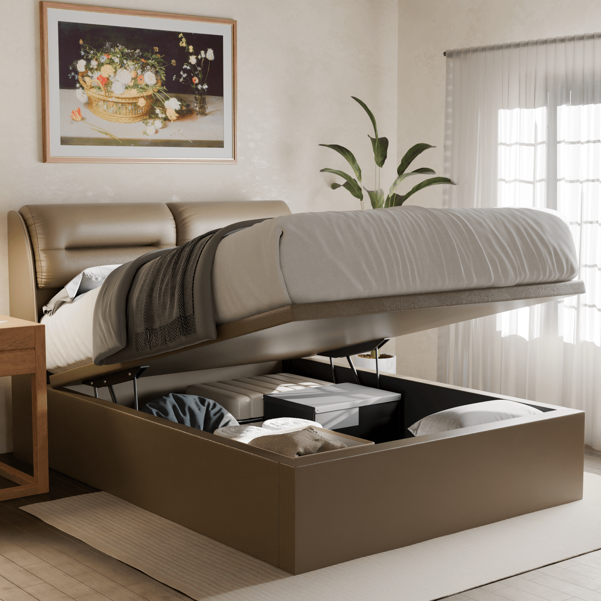Hanubee Faux Leather Upholstered Storage Bed with Underbed Drawers - Queen Size Platform Bed Frame for Small Spaces, Modern Bedroom Furniture for Apartments & Dorm Rooms