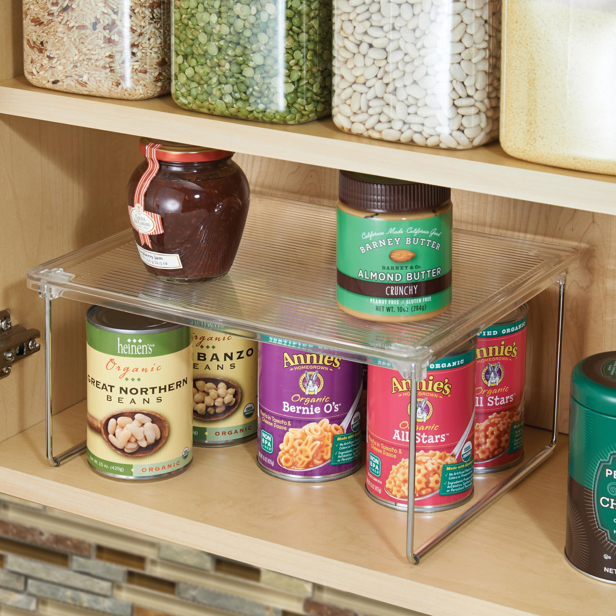 iDesign Stackable Kitchen Shelf - Plastic & Metal Cabinet Organizer for Dishes, Food, or Spices - Transparent & Silver - Perfect for Pantry, Countertop, and Small Space Storage