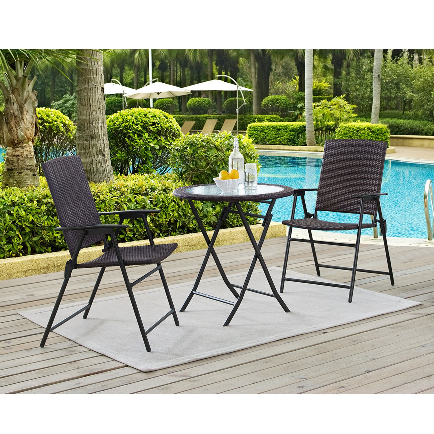 **Iwicker Patio Rattan Steel Folding Bistro Set - 3-Piece All-Weather Resistant Wicker Outdoor Dining Set with Glass Tabletop & Arm Chairs - Perfect for Garden, Balcony, and Poolside Relaxation**