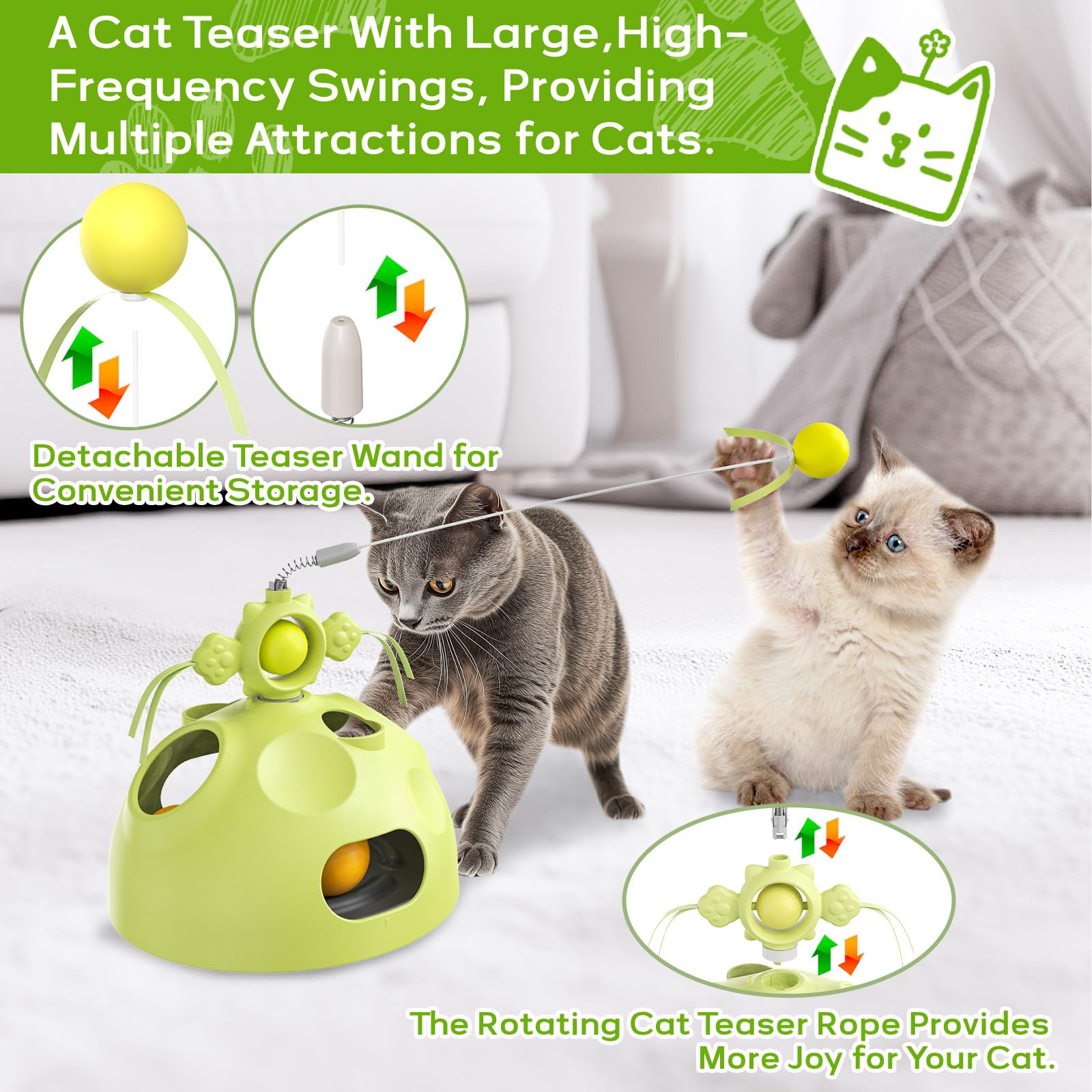 Interactive Cat Toys for Indoor Cats - Kitten Wand Toy with Funny Balls, Slow Feeder Food Puzzle & Treat Dispenser - Rotation Hole-Digging Games for Mental Stimulation - Perfect Birthday Gift for Playful Kitties (Green, Large) - Great for Solo Play, Bonding Time & Reducing Boredom in Small Spaces