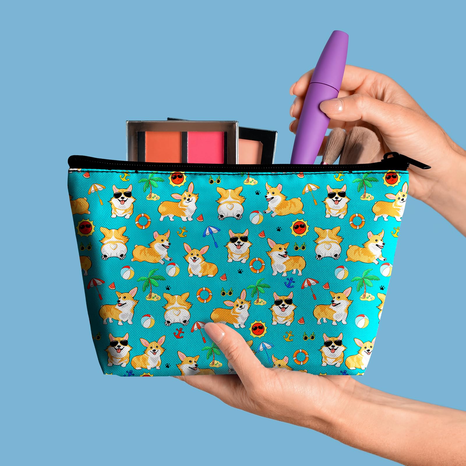 Funny Corgi Dogs Summer Pattern Makeup Bag & Pencil Case Set - Large Capacity Cosmetic Bag for Women, Travel Toiletry Organizer & Makeup Brushes Storage - Perfect for Vacation, Beach Trips & Daily Beauty Routine