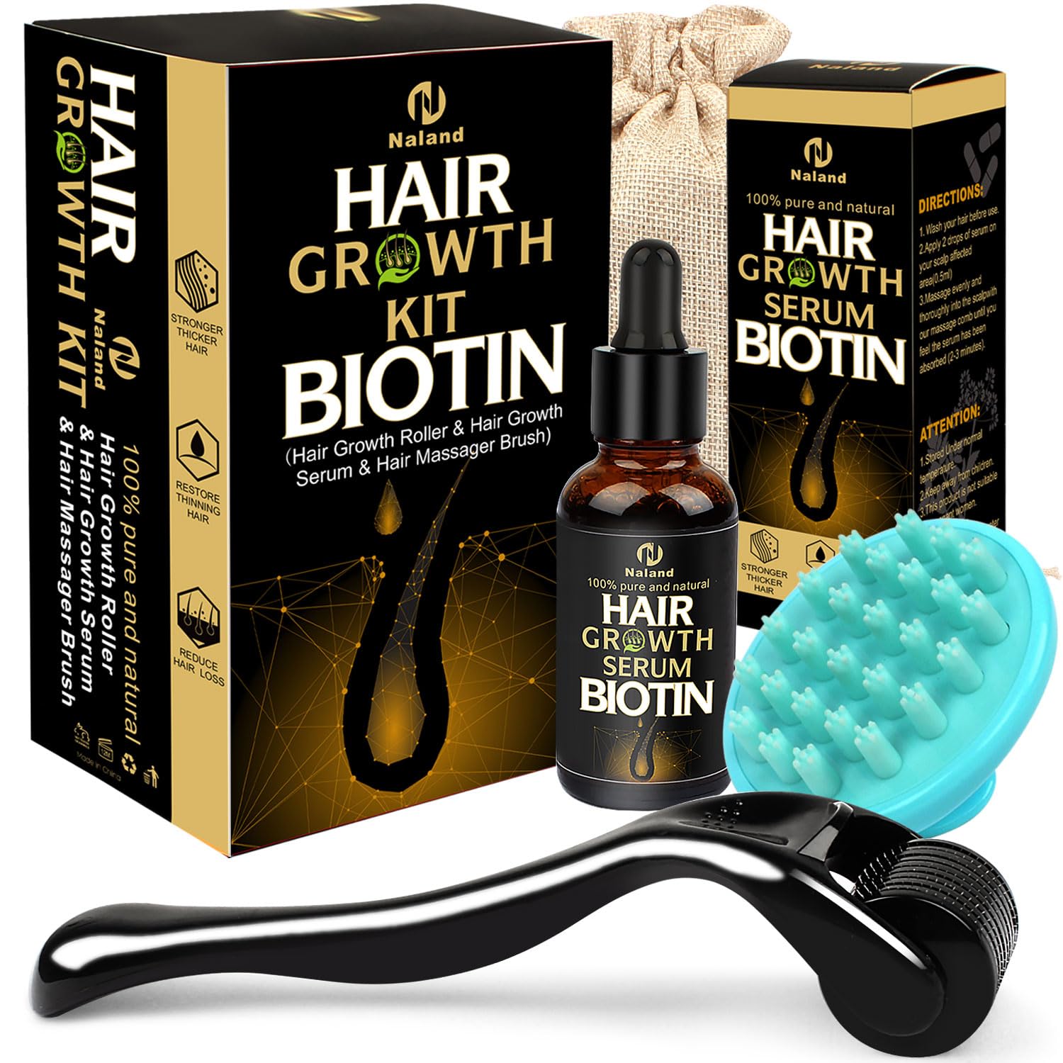 Biotin Hair Growth Oil Serum & Scalp Massager Kit - Stimulate Hair Growth, Reduce Hair Loss - Perfect for Thinning Hair & Scalp Care at Home