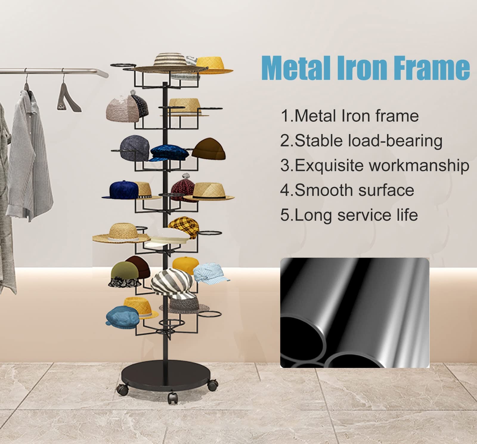 Freestanding Metal Hat Rack Stand with Wheels - Large Capacity Commercial Hat Organizer for Multiple Hats, Wigs, Cowboy & Baseball Caps - 6-Tier Gold Storage Solution for Retail Stores, Boutiques & Home Closet Organization