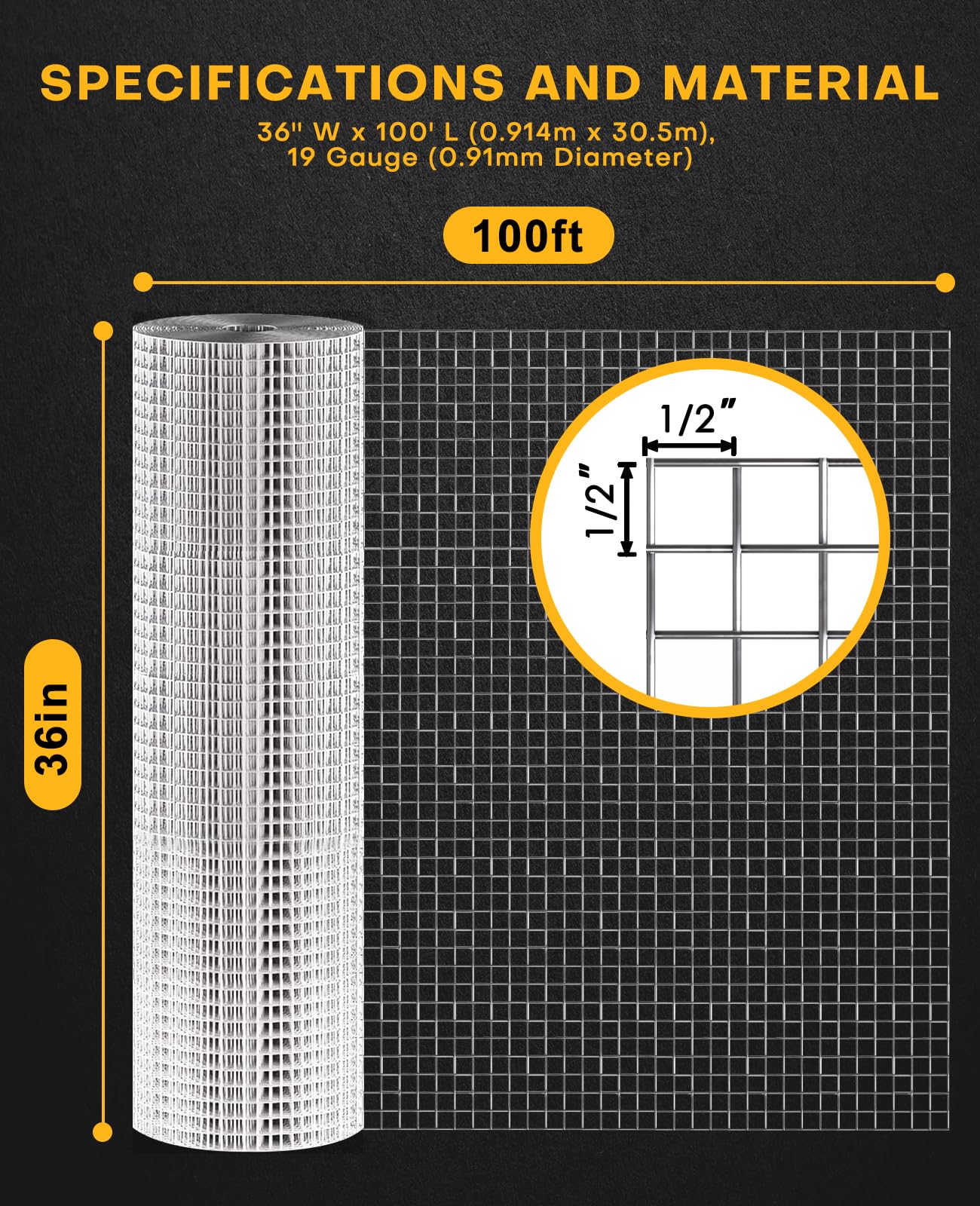 36in x 100ft 1/2 Inch 19 Gauge Hot Dipped Galvanized Welded Wire Mesh - Heavy Duty Chicken Coop Fence, Garden Plant Protection, Poultry Netting & Animal Cage Screen - Ideal for Backyard Farming, DIY Projects & Secure Enclosures