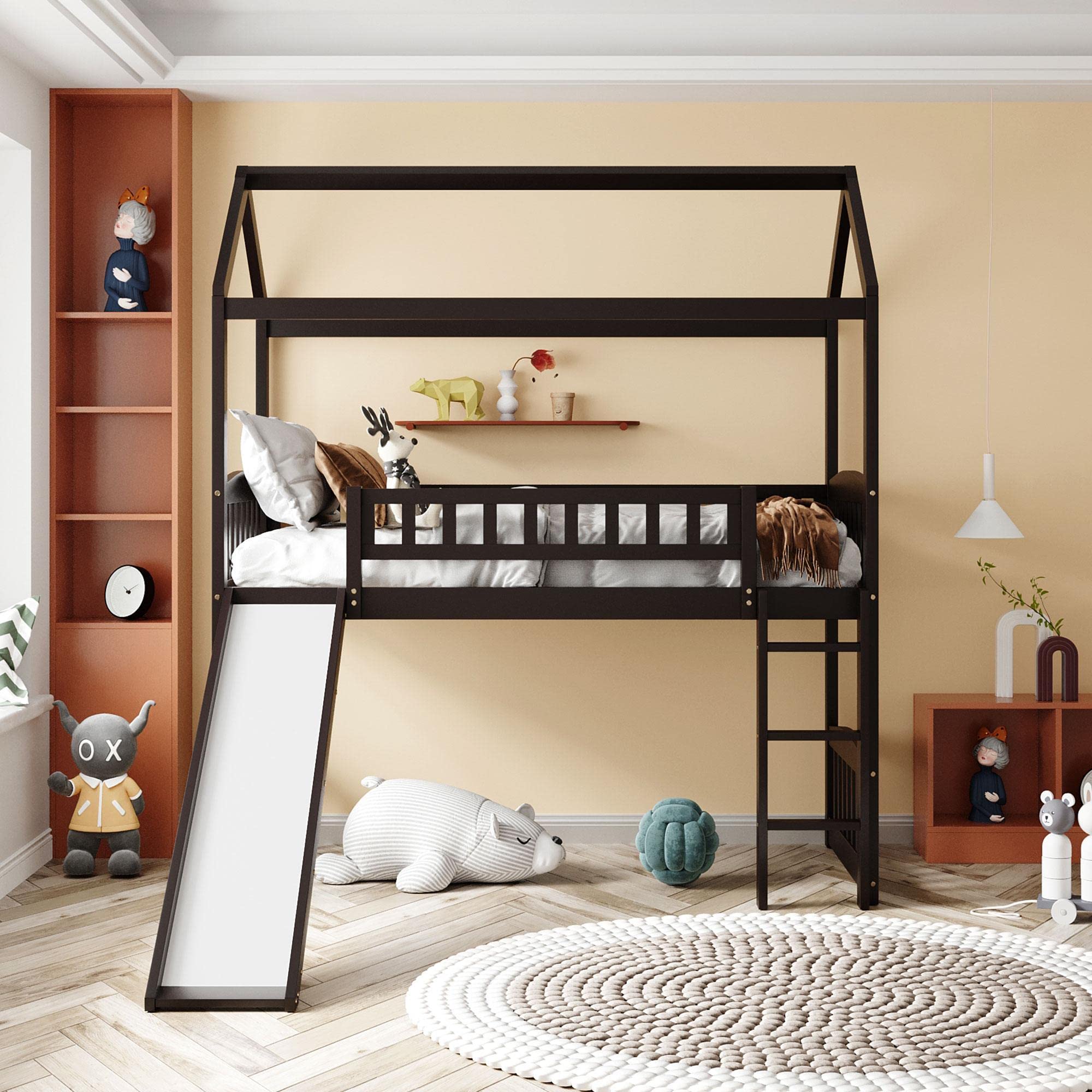 JINS&VICO Twin Loft Bed with Slide and Ladder - Wooden House Style Bunk Bed with Roof & Safety Guardrails for Kids - Espresso Finish (77.4