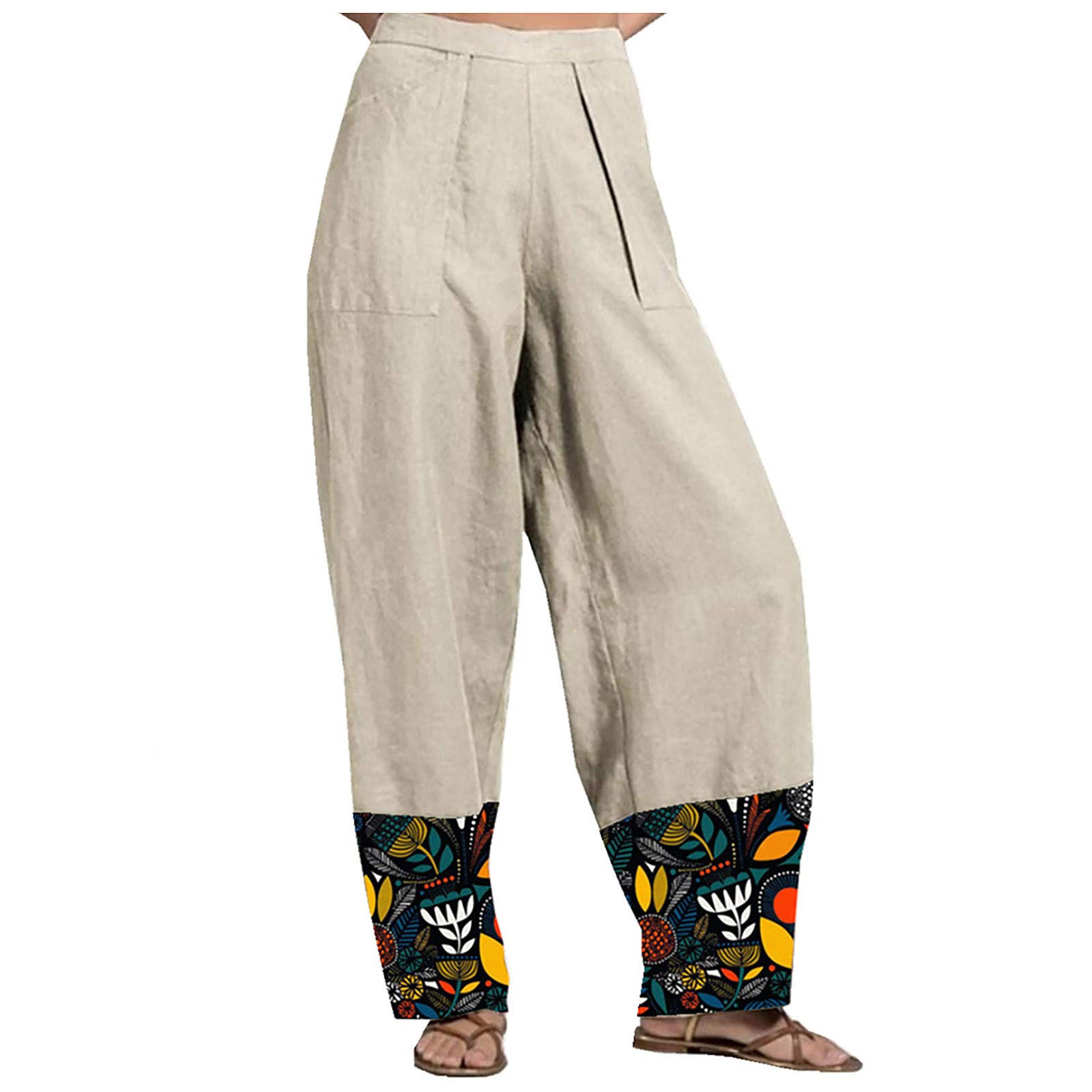 Women's Loose Fit Patchwork Print Wide Leg Pants with Casual Pockets - Comfortable Long Trousers for Everyday Wear, Work & Travel