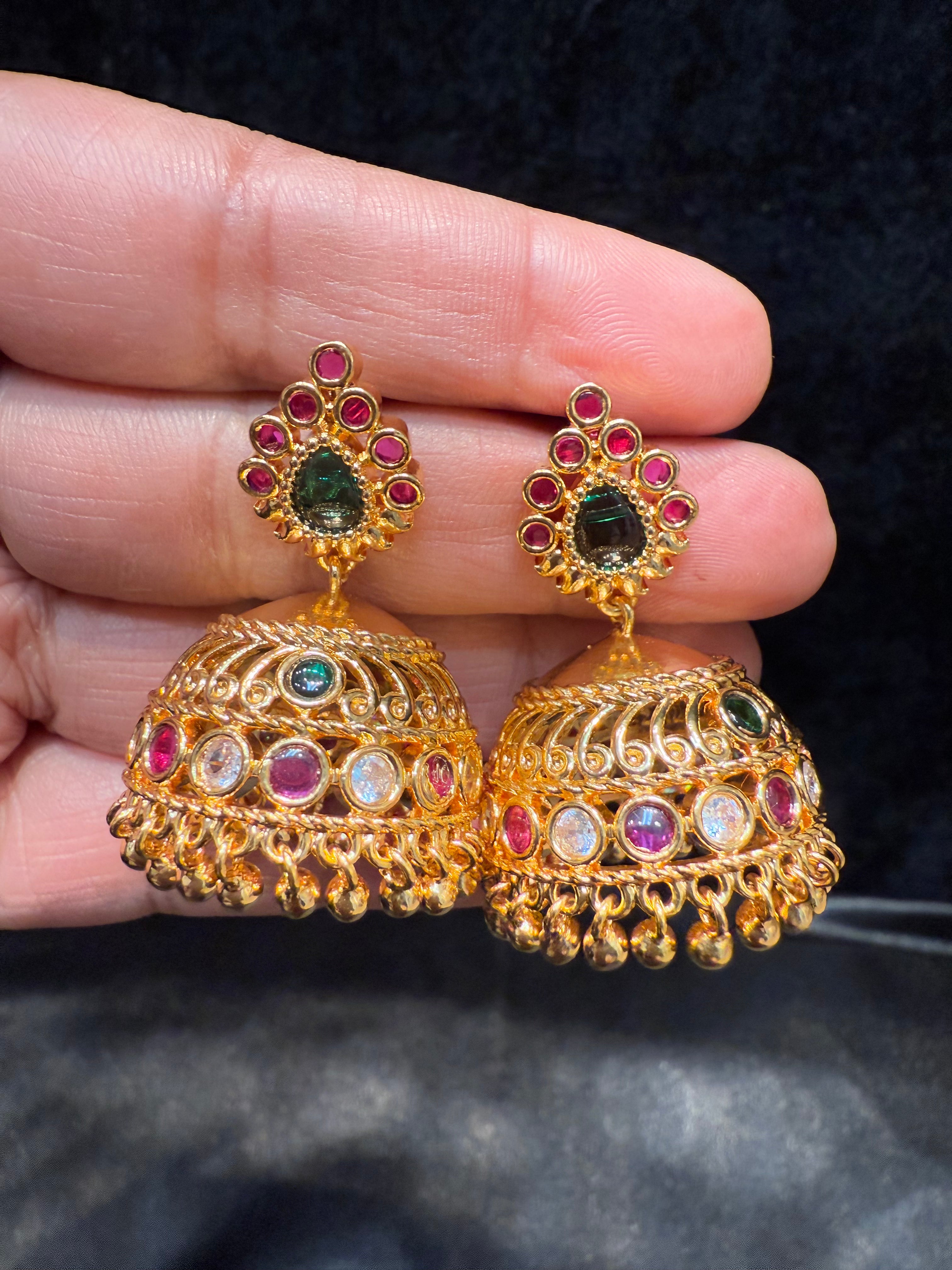 Exquisite Gold Plated Designer Jhumka Earrings with Multicolor Stones & Golden Beads – Perfect for Weddings, Parties & Ethnic Fashion