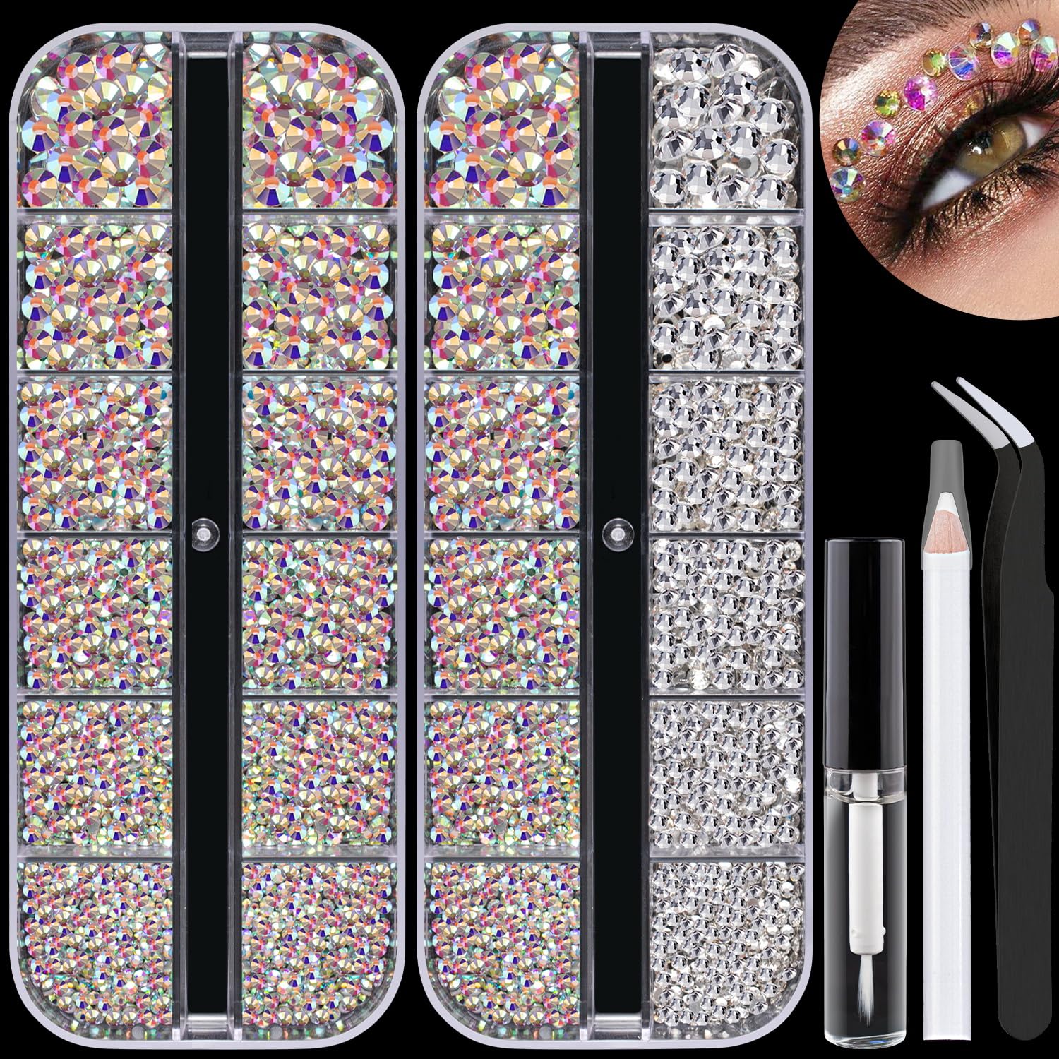 Colorful Face Gems for Makeup Set - Flatback AB & Clear Glass Rhinestones with Glue, Tweezer & Picker Pencil | Perfect for Eye, Body, Hair Makeup & Nail Art Decoration | Great for Parties, Halloween, Cosplay & Special Events